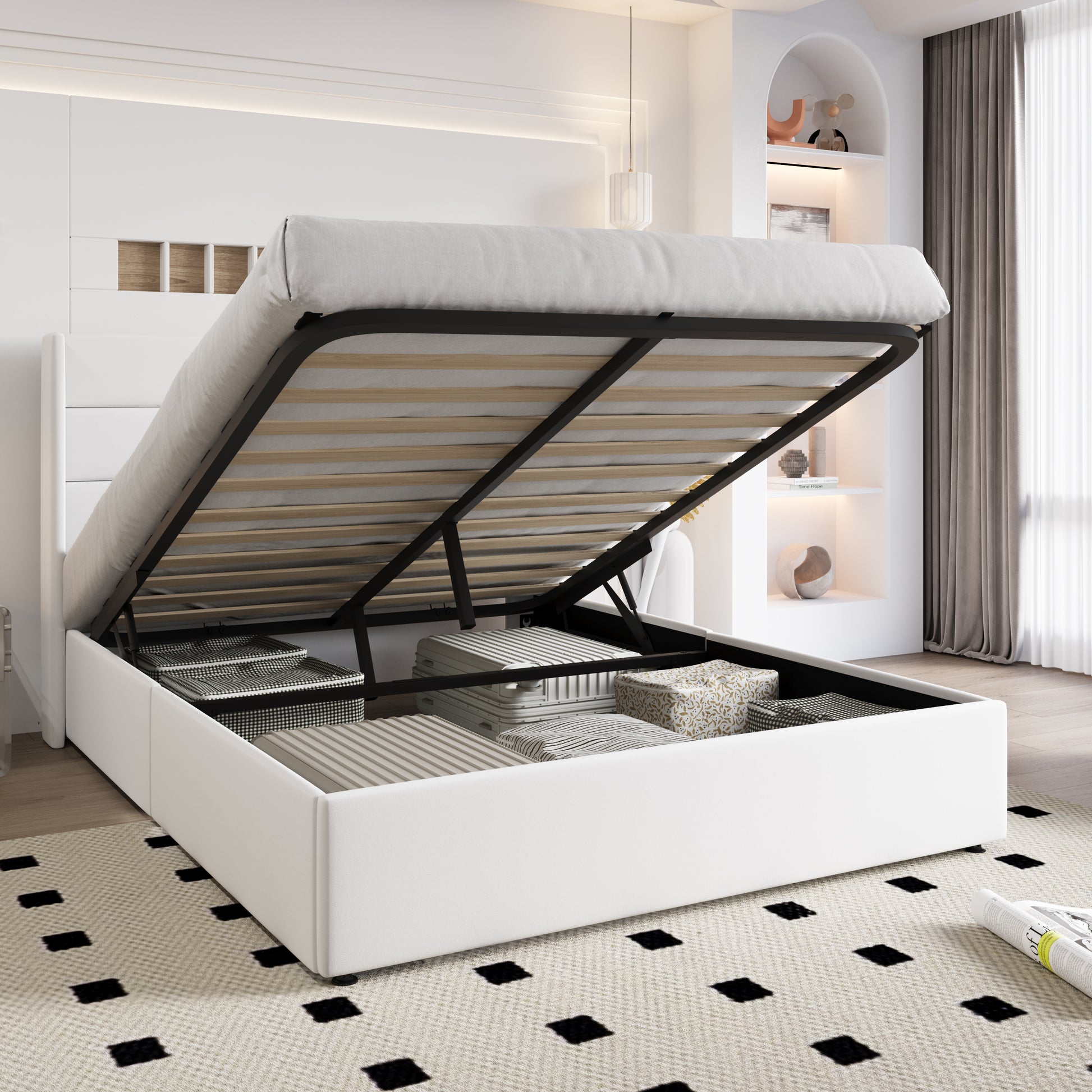 Einfach Hydraulic Lift up Platform Storage Bed Frame with Velvet Upholstered Wingback Panel Headboard