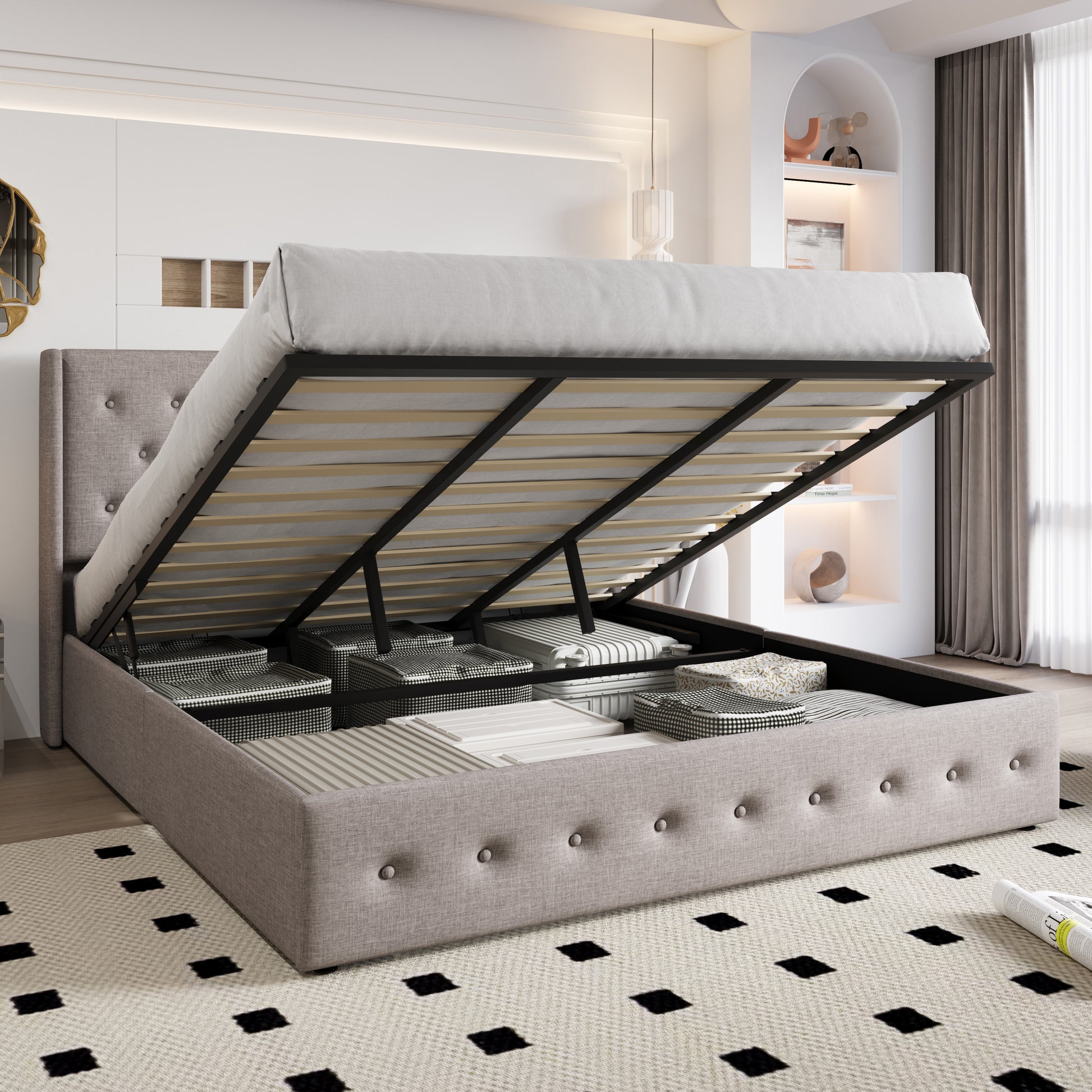 Einfach Lift up Platform Storage Bed Frame with Upholstered Wingback Headboard