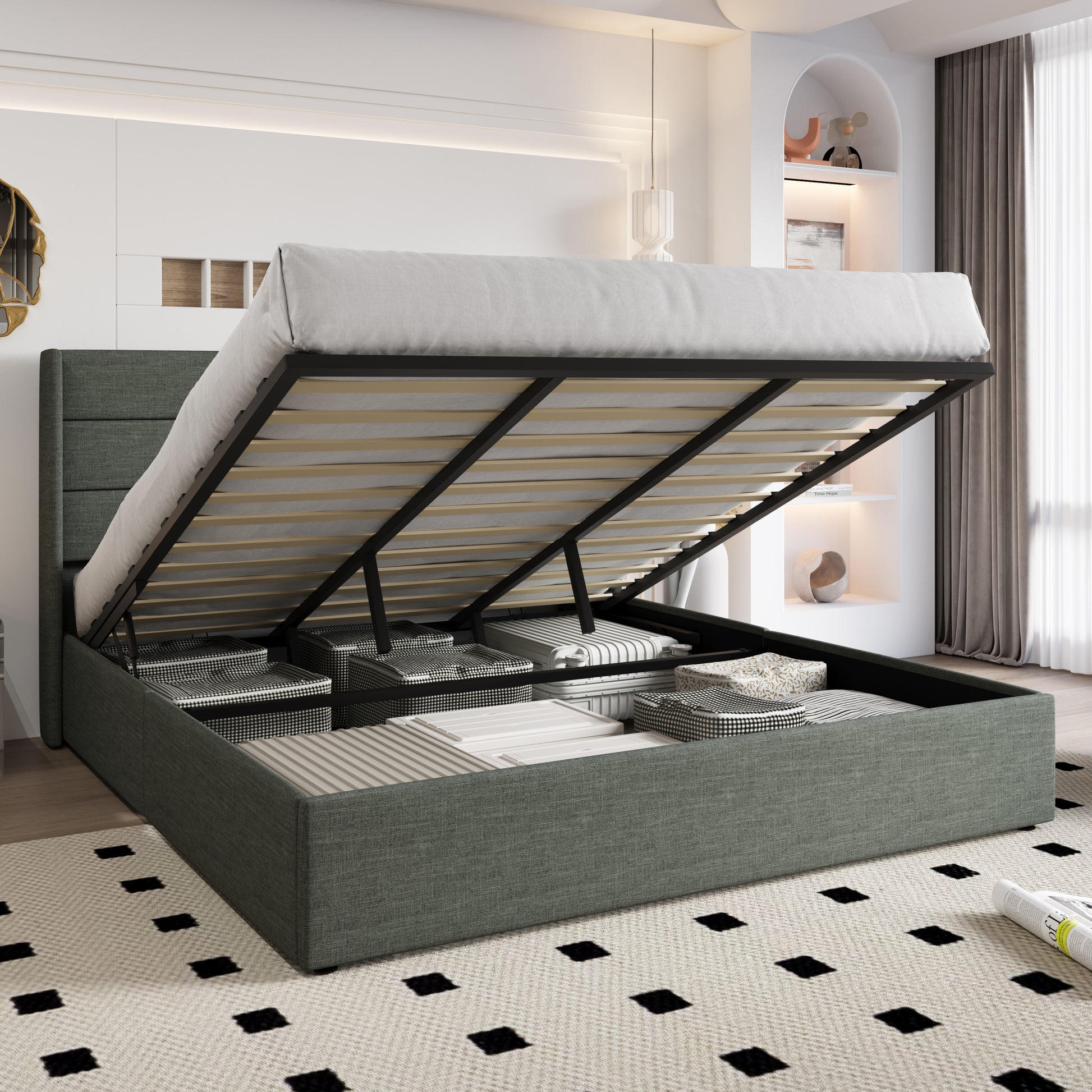 Einfach Lift up Platform Storage Bed Frame with Upholstered Wingback Headboard
