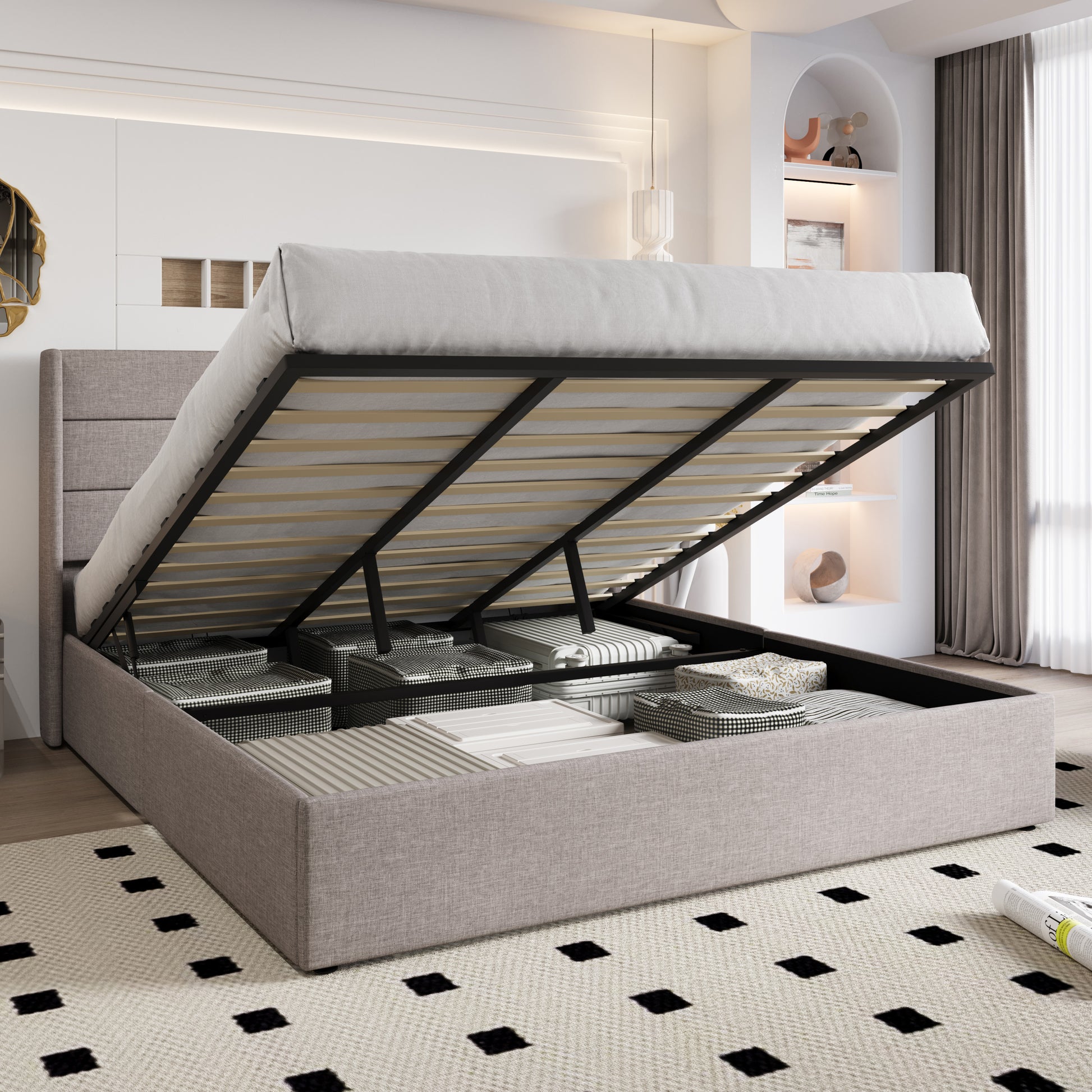 Einfach Lift up Platform Storage Bed Frame with Upholstered Wingback Headboard