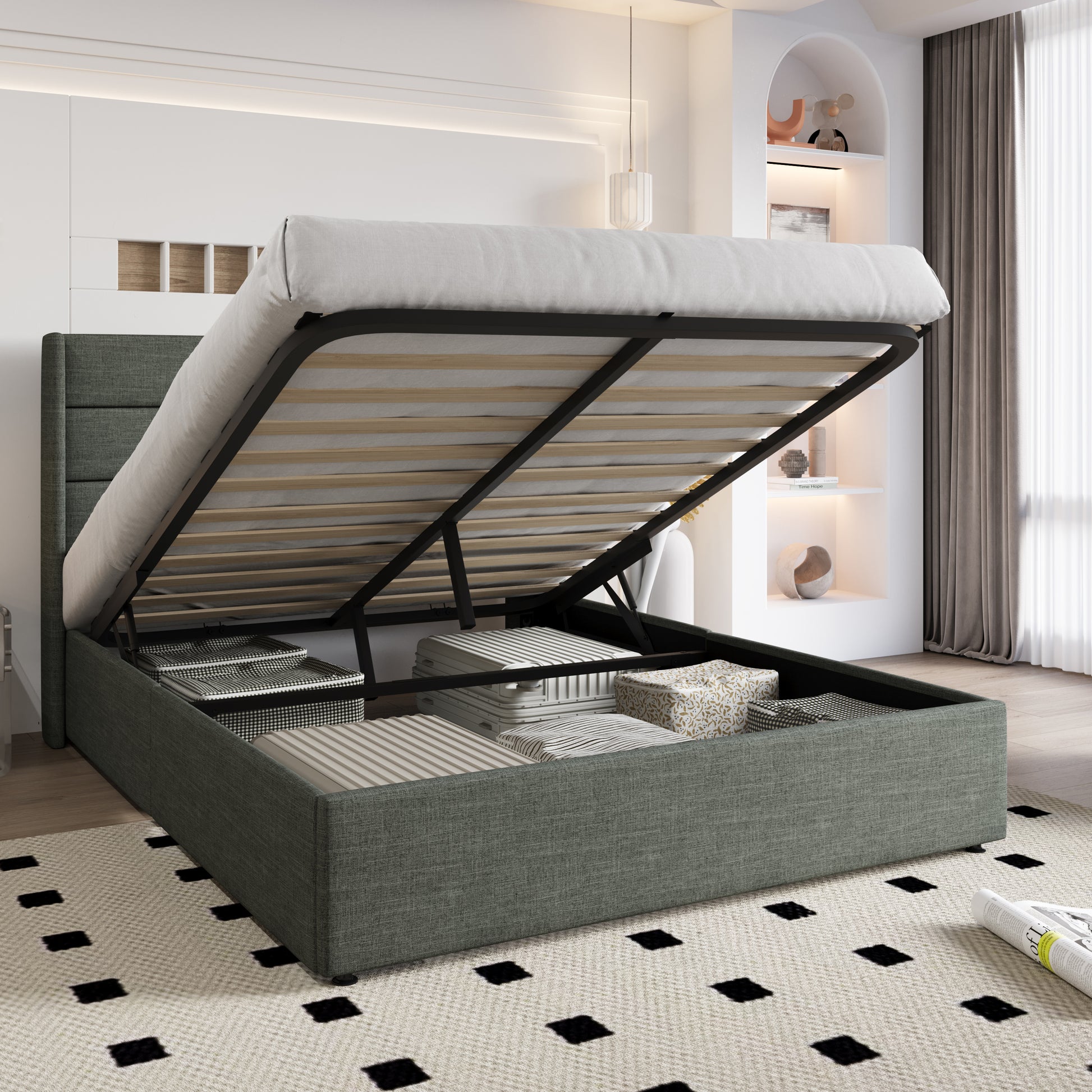 Einfach Lift up Platform Storage Bed Frame with Upholstered Wingback Headboard