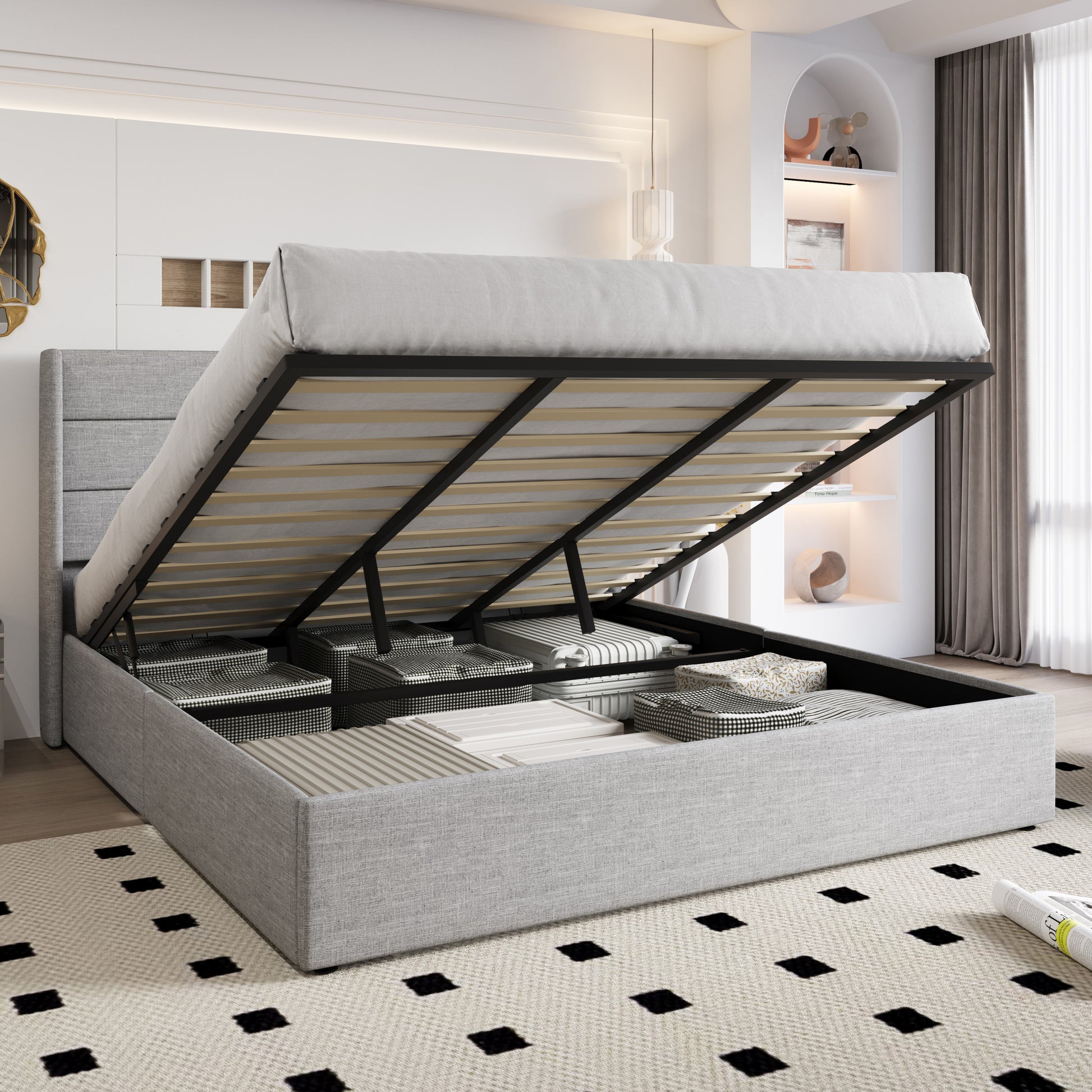 Einfach Lift up Platform Storage Bed Frame with Upholstered Wingback Headboard