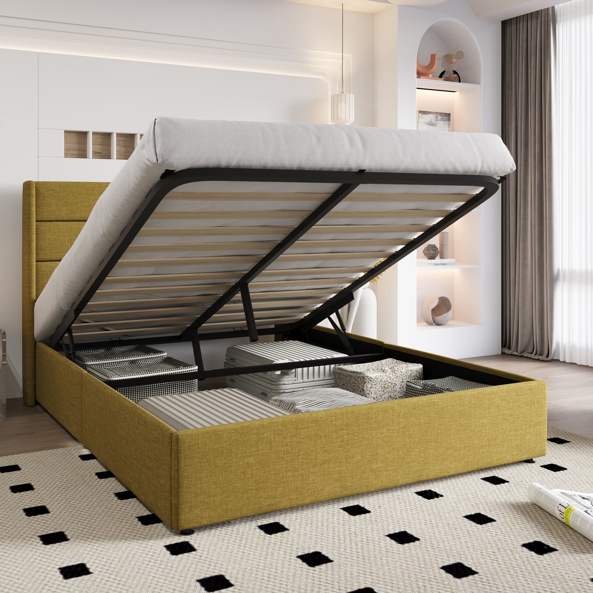 Einfach Lift up Platform Storage Bed Frame with Upholstered Wingback Headboard