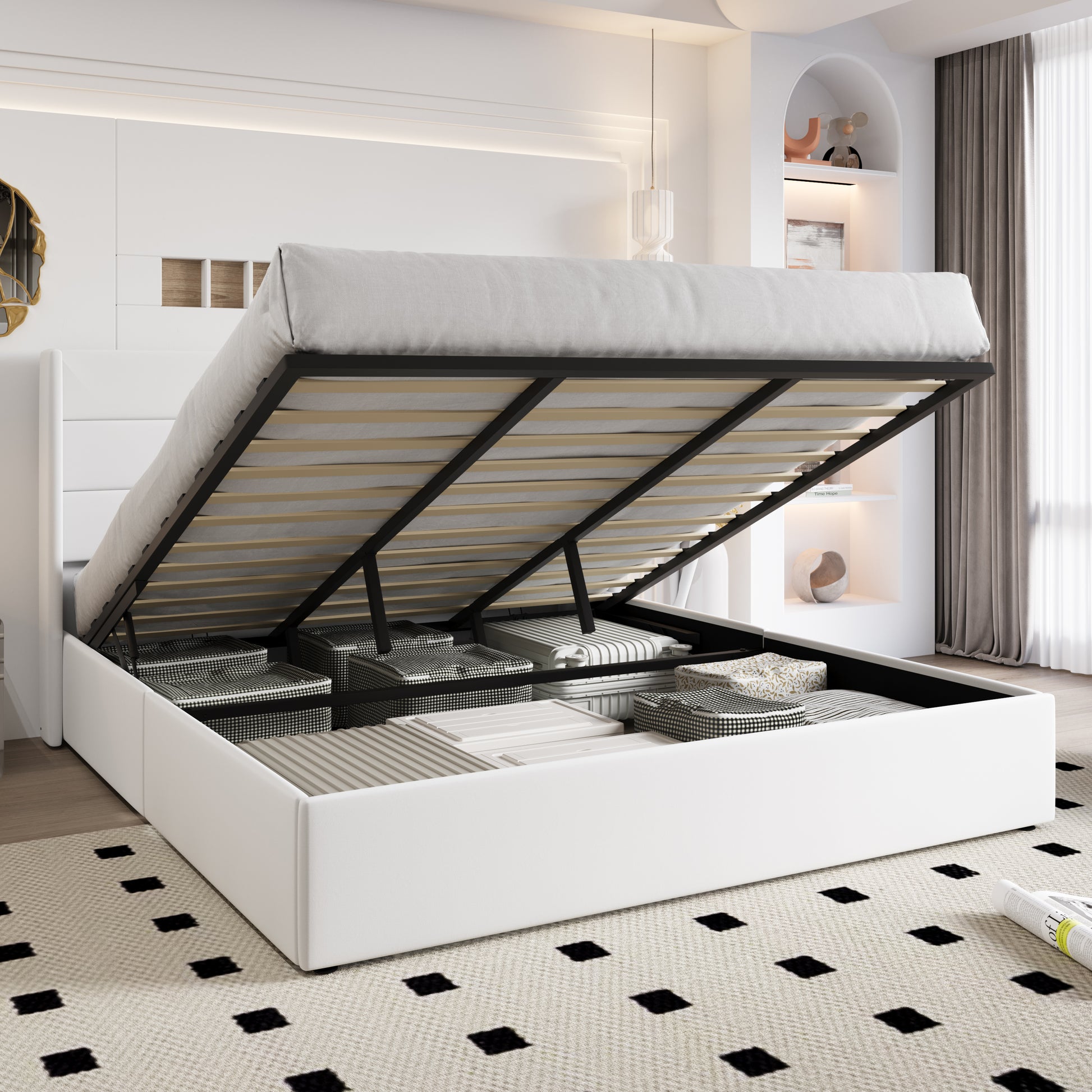 Einfach Hydraulic Lift up Platform Storage Bed Frame with Velvet Upholstered Wingback Panel Headboard