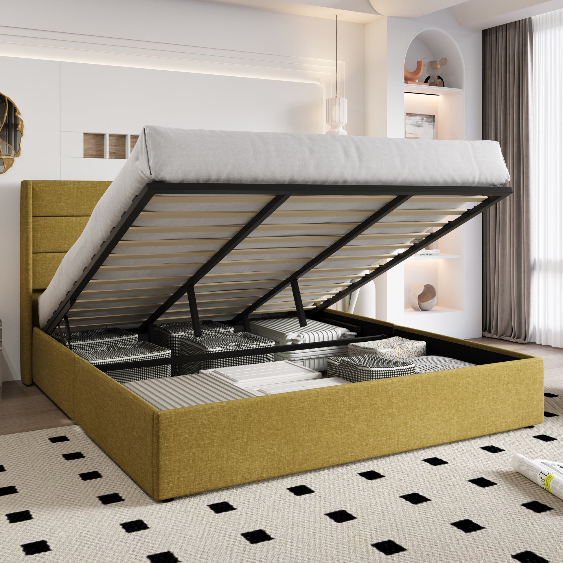 Einfach Lift up Platform Storage Bed Frame with Upholstered Wingback Headboard
