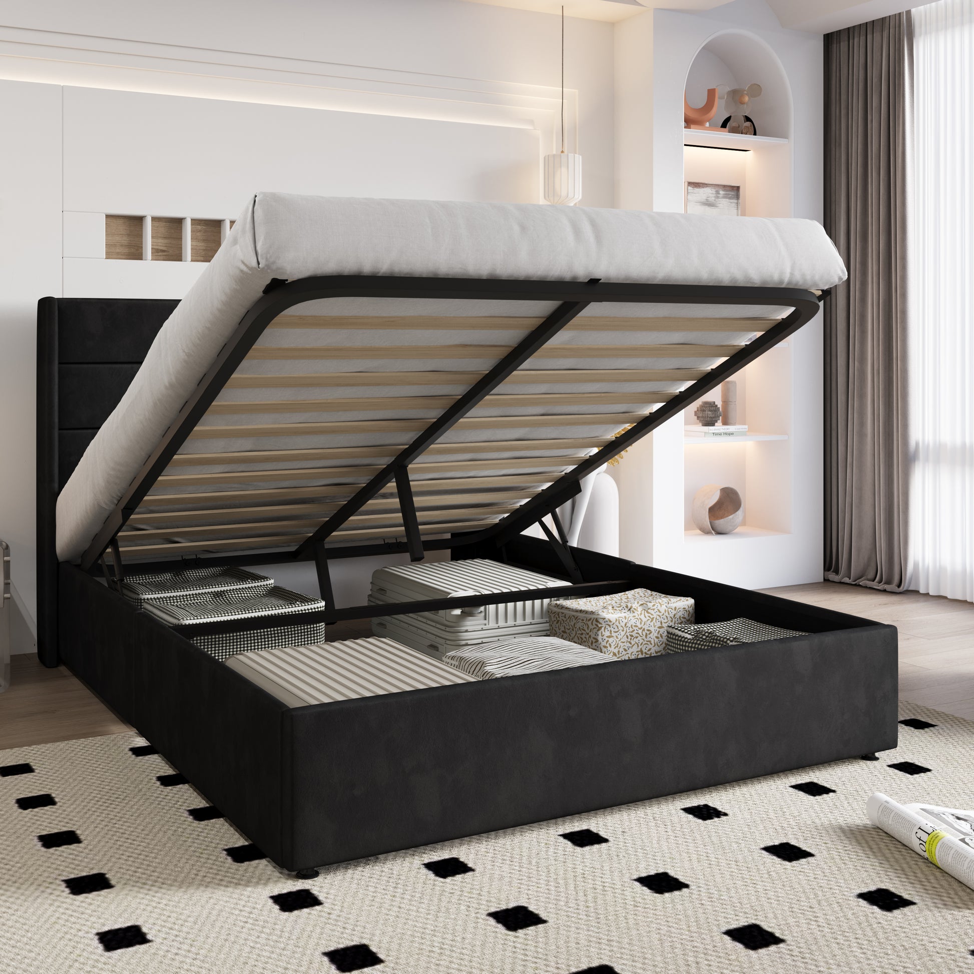 Einfach Hydraulic Lift up Platform Storage Bed Frame with Velvet Upholstered Wingback Panel Headboard