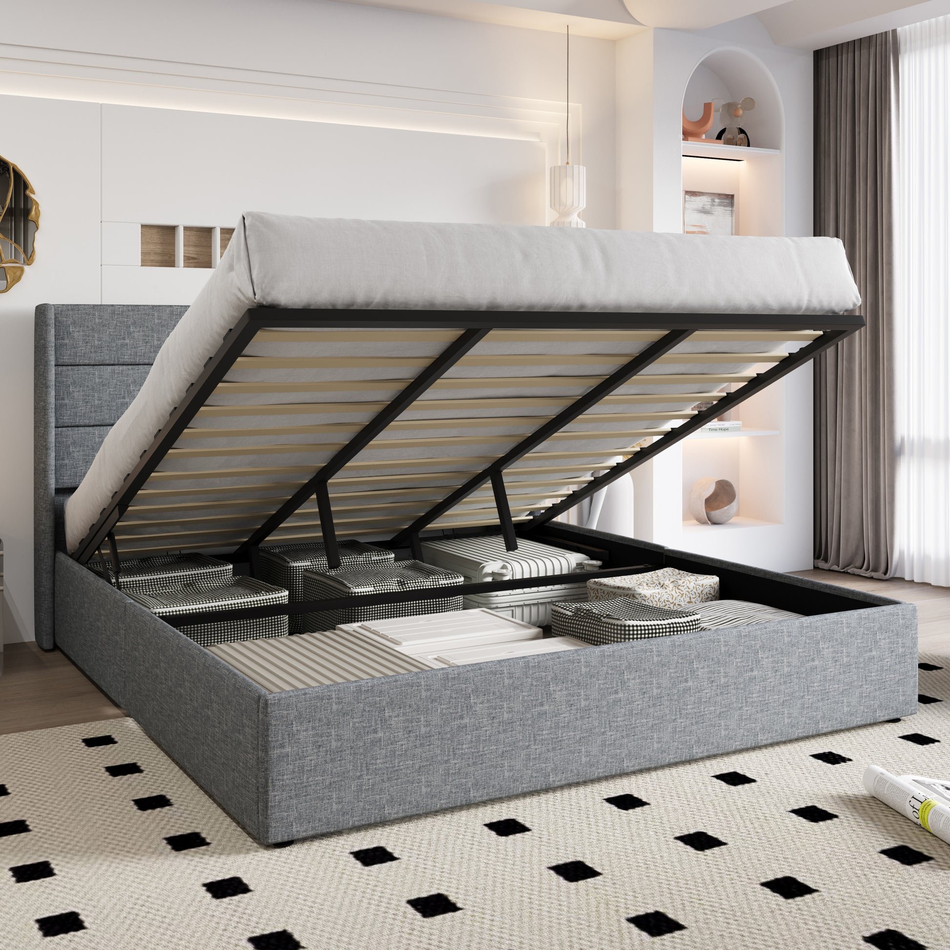 Einfach Lift up Platform Storage Bed Frame with Upholstered Wingback Headboard