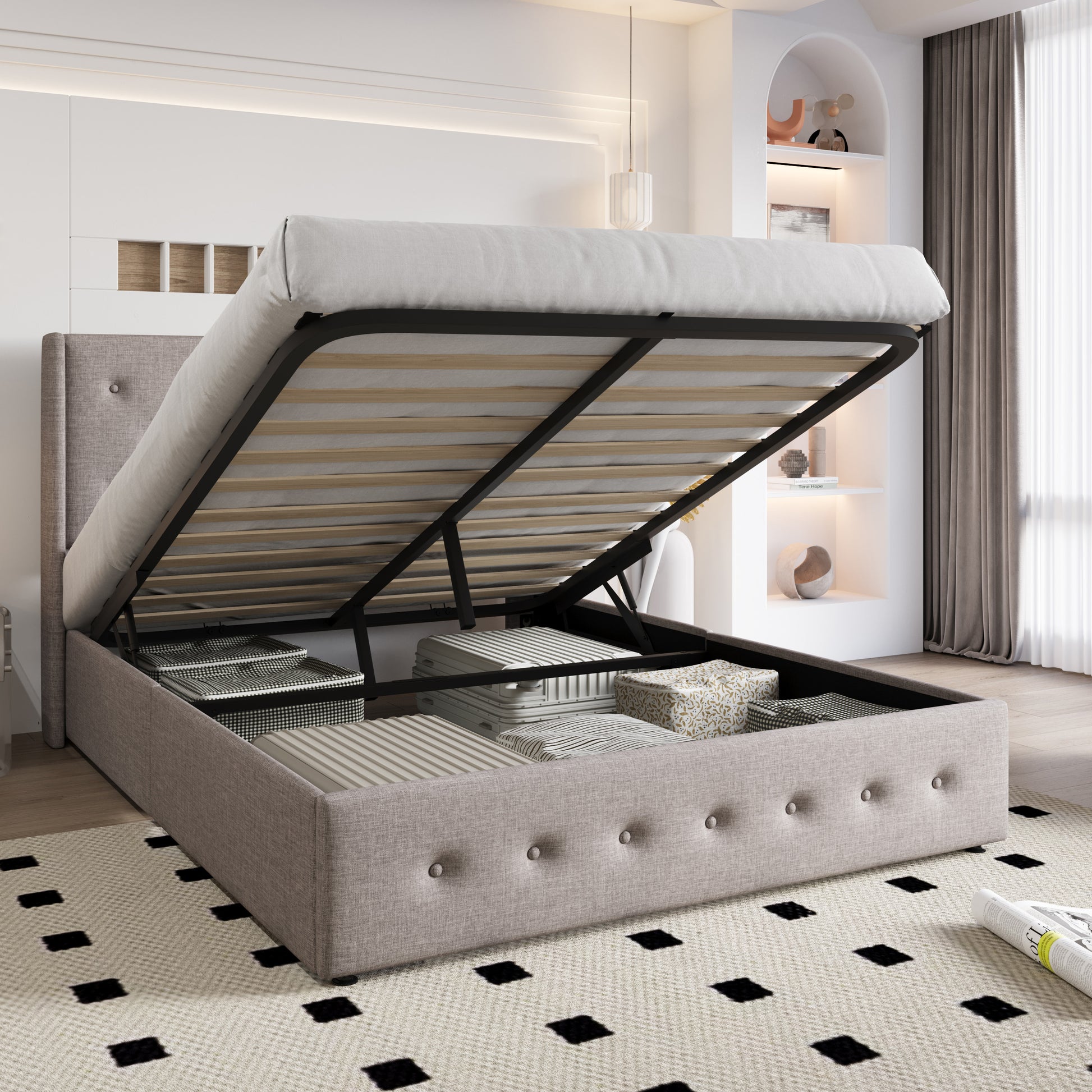 Einfach Lift up Platform Storage Bed Frame with Upholstered Wingback Headboard