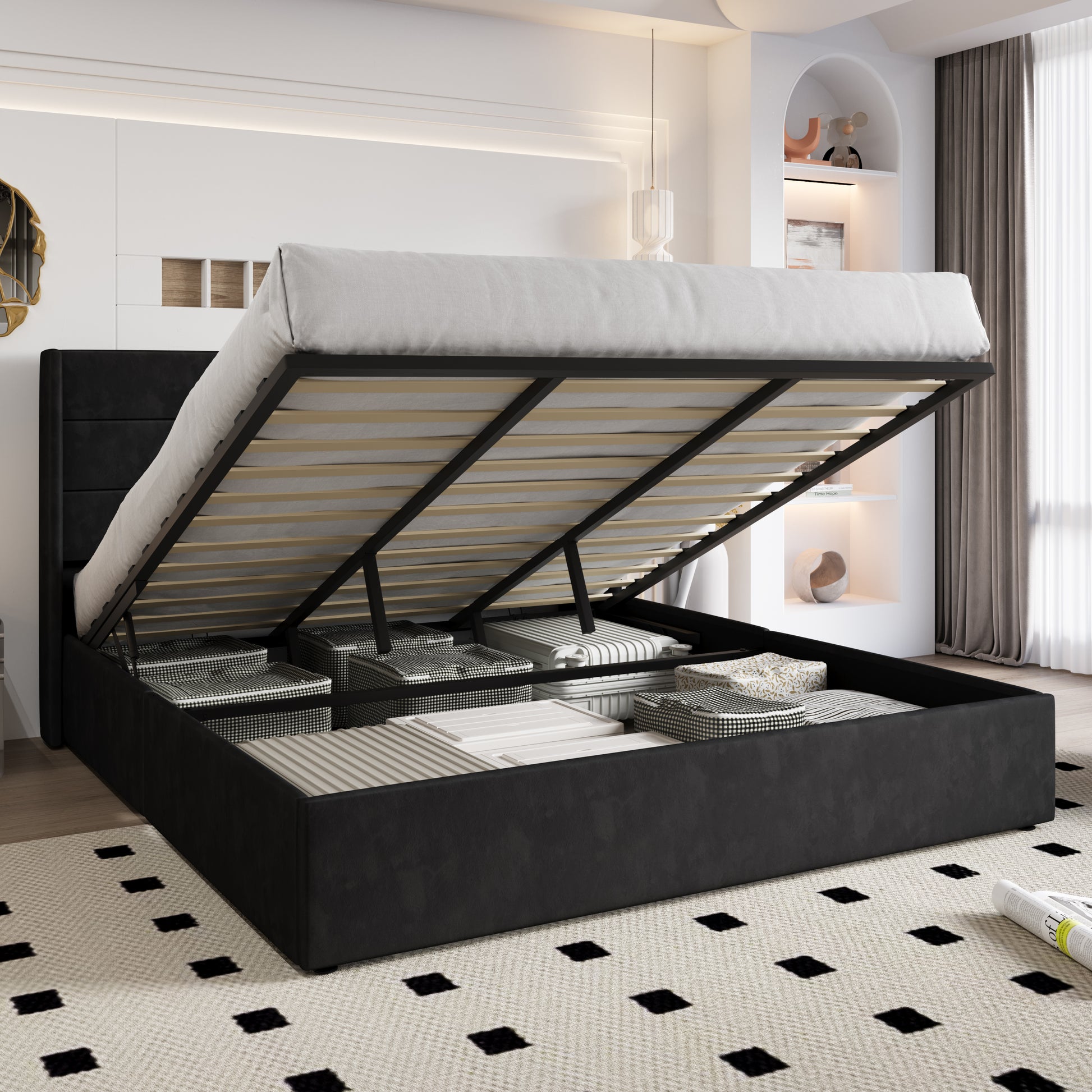 Einfach Hydraulic Lift up Platform Storage Bed Frame with Velvet Upholstered Wingback Panel Headboard