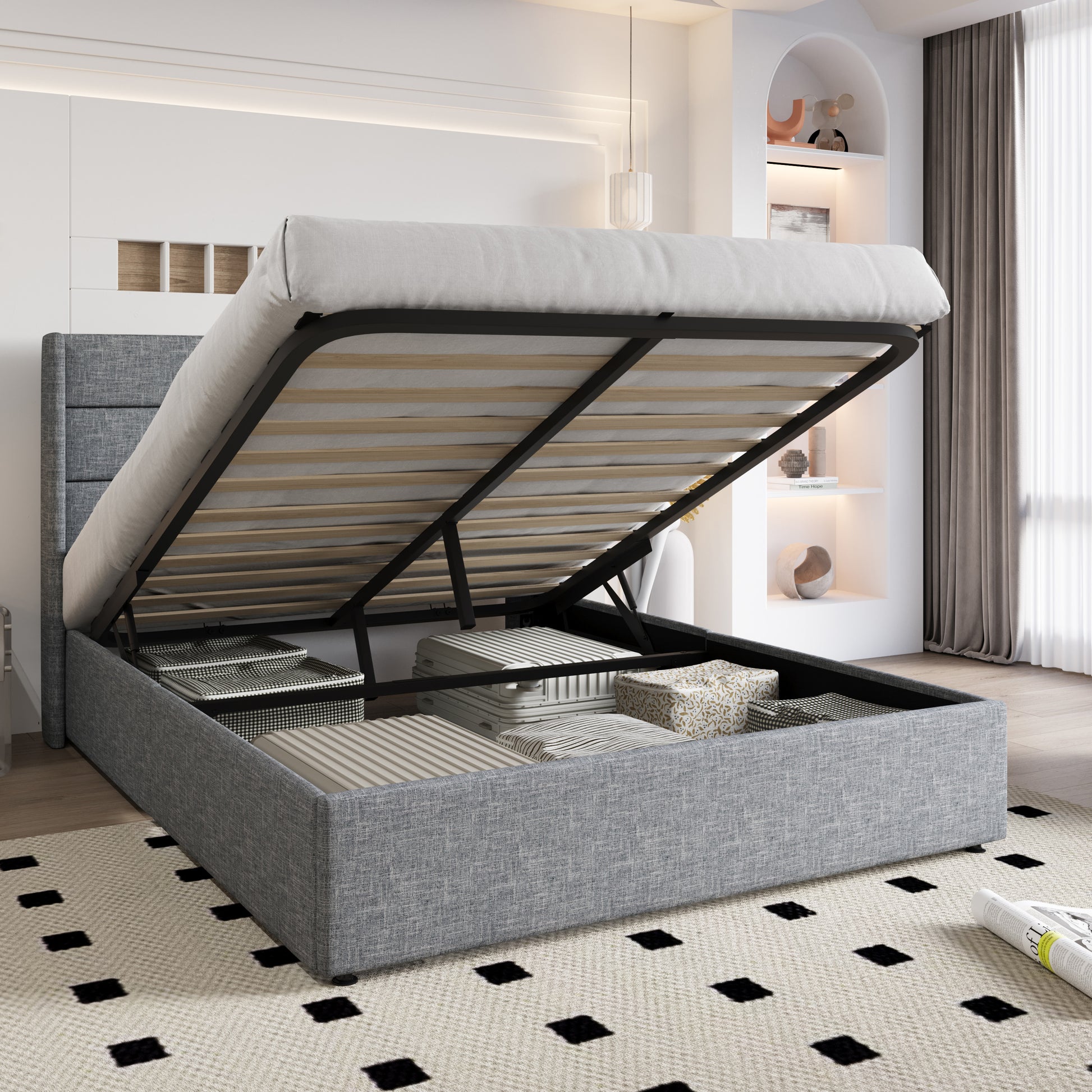 Einfach Lift up Platform Storage Bed Frame with Upholstered Wingback Headboard