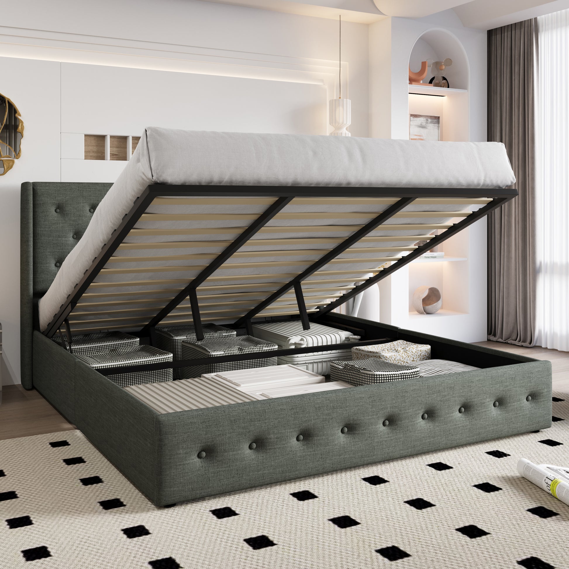 Einfach Lift up Platform Storage Bed Frame with Upholstered Wingback Headboard