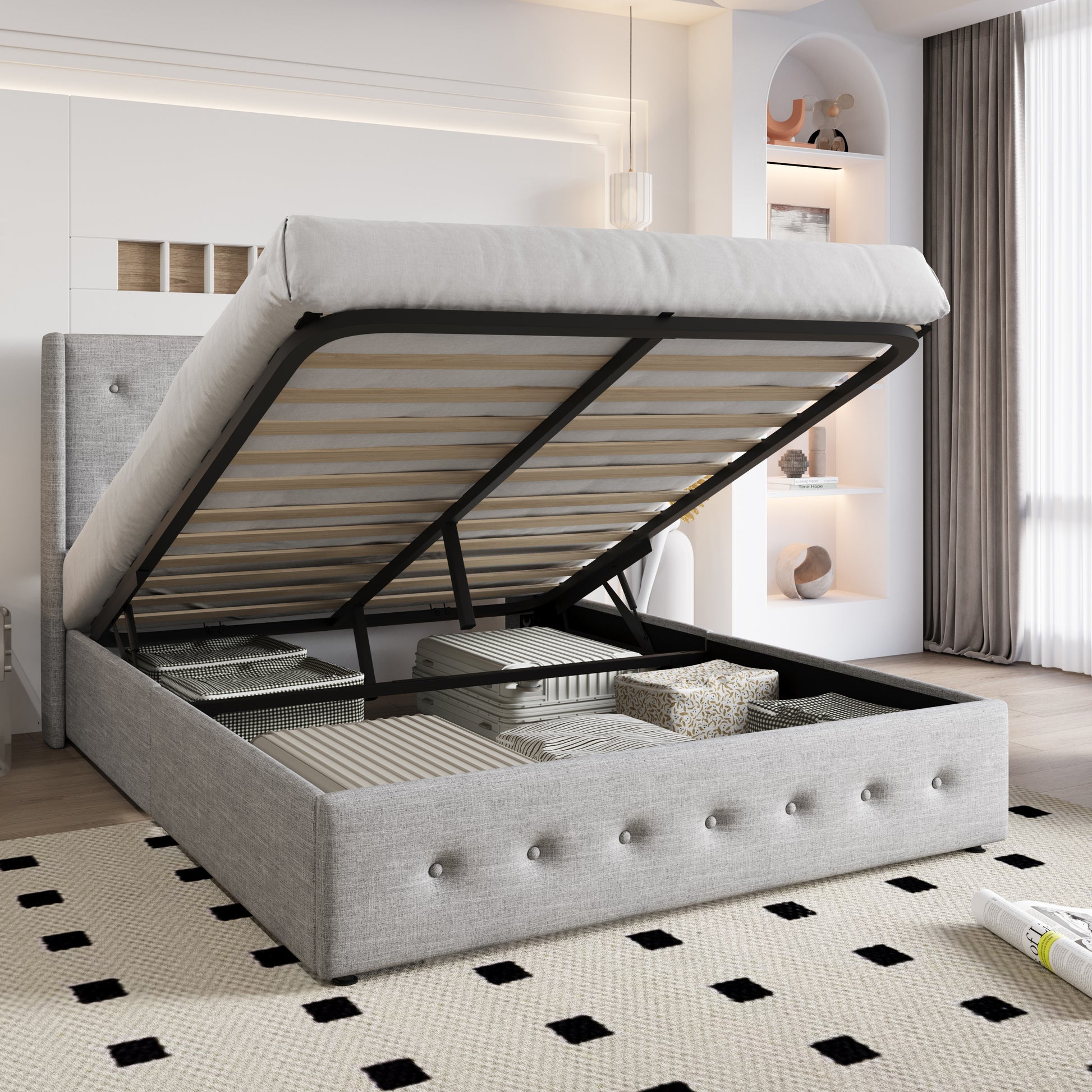 Einfach Lift up Platform Storage Bed Frame with Upholstered Wingback Headboard