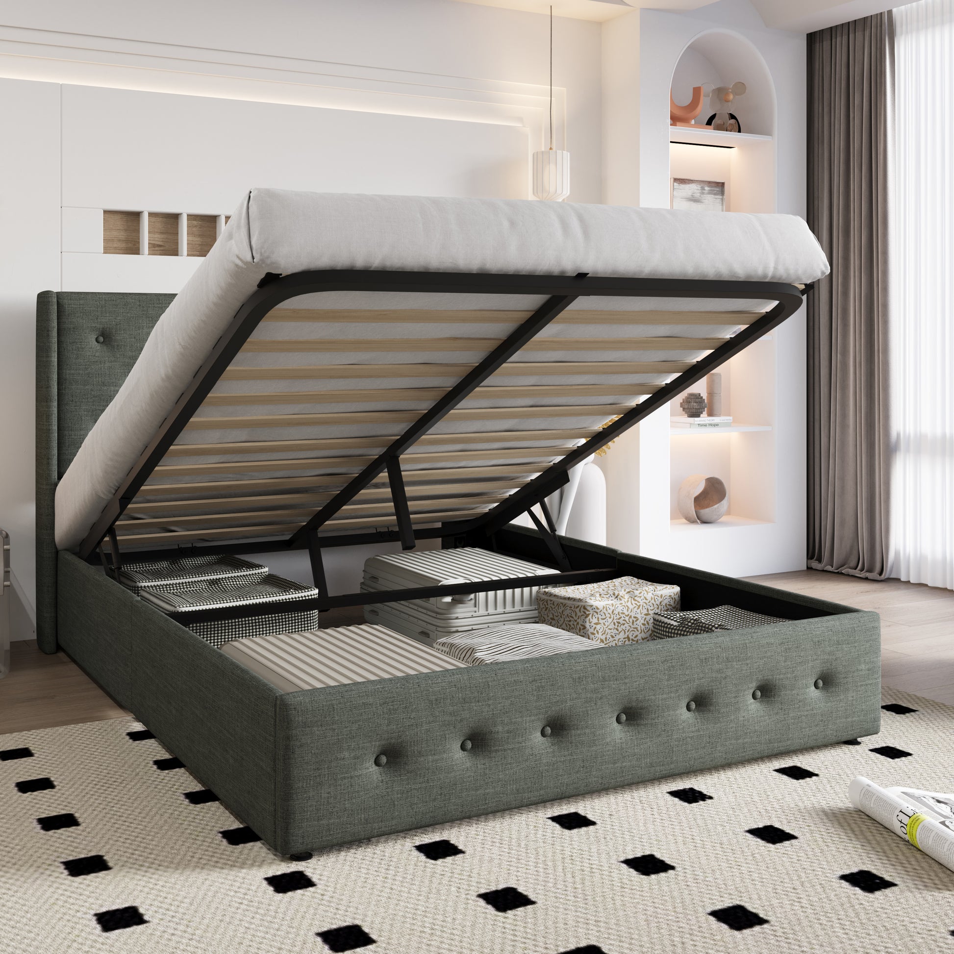 Einfach Lift up Platform Storage Bed Frame with Upholstered Wingback Headboard