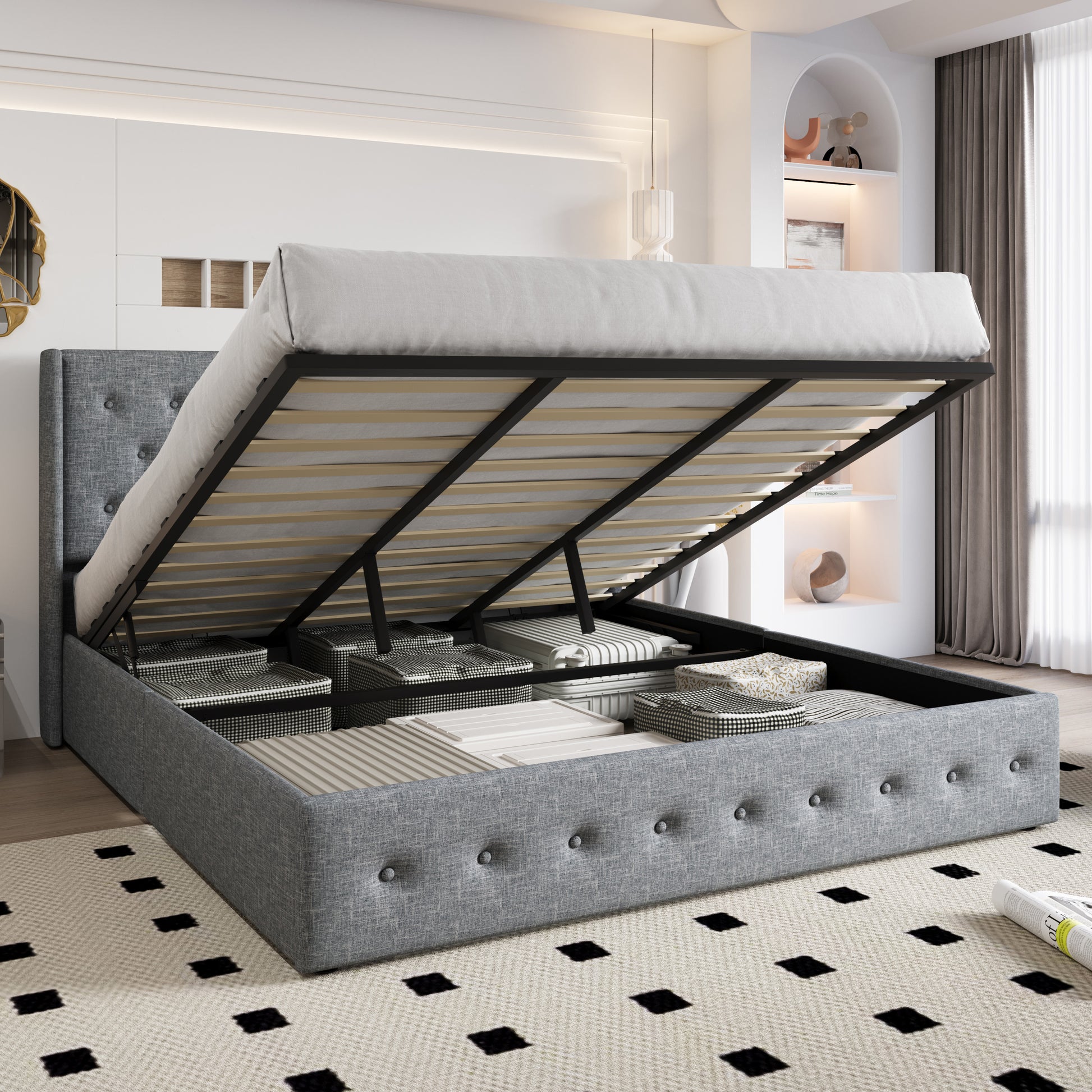 Einfach Lift up Platform Storage Bed Frame with Upholstered Wingback Headboard