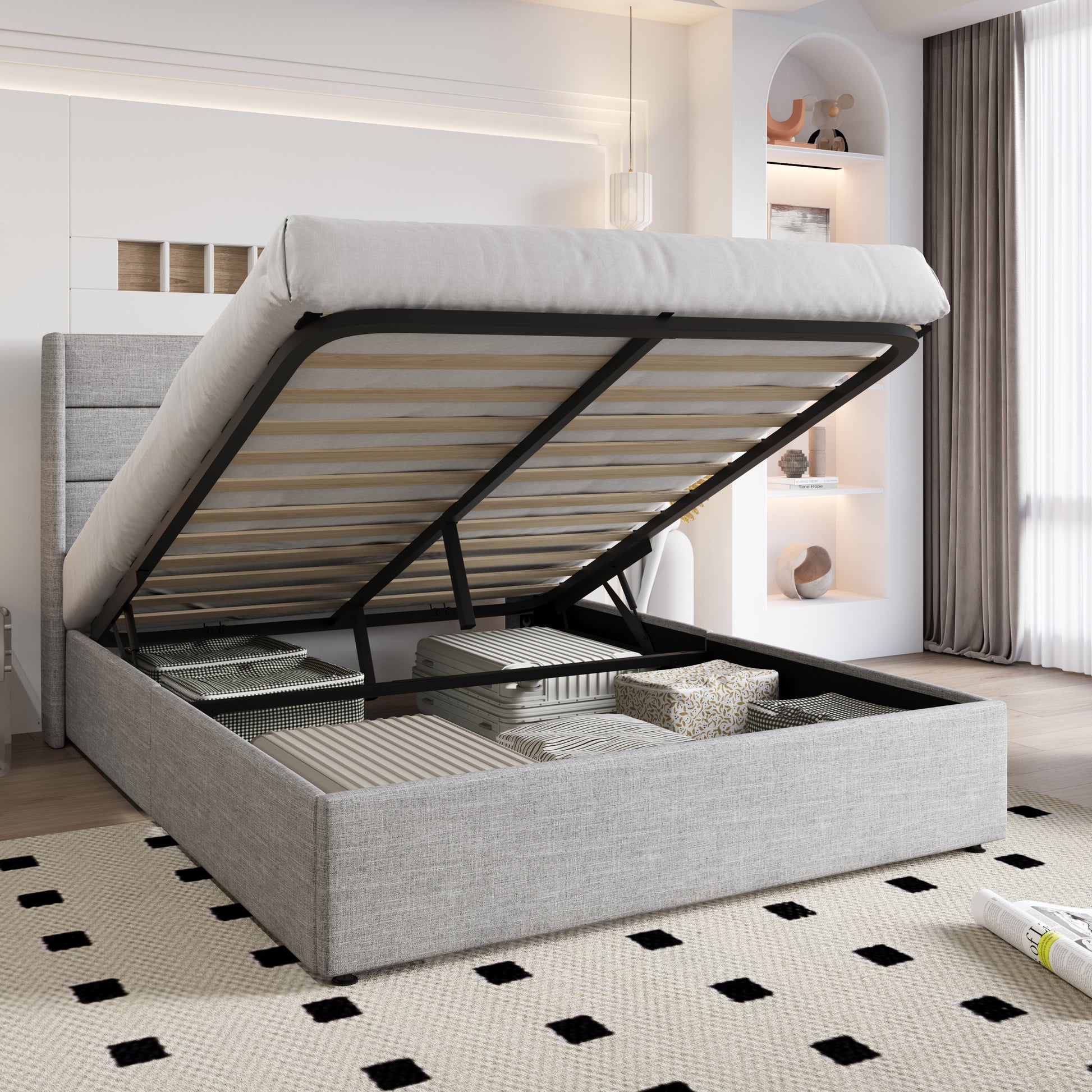 Einfach Lift up Platform Storage Bed Frame with Upholstered Wingback Headboard