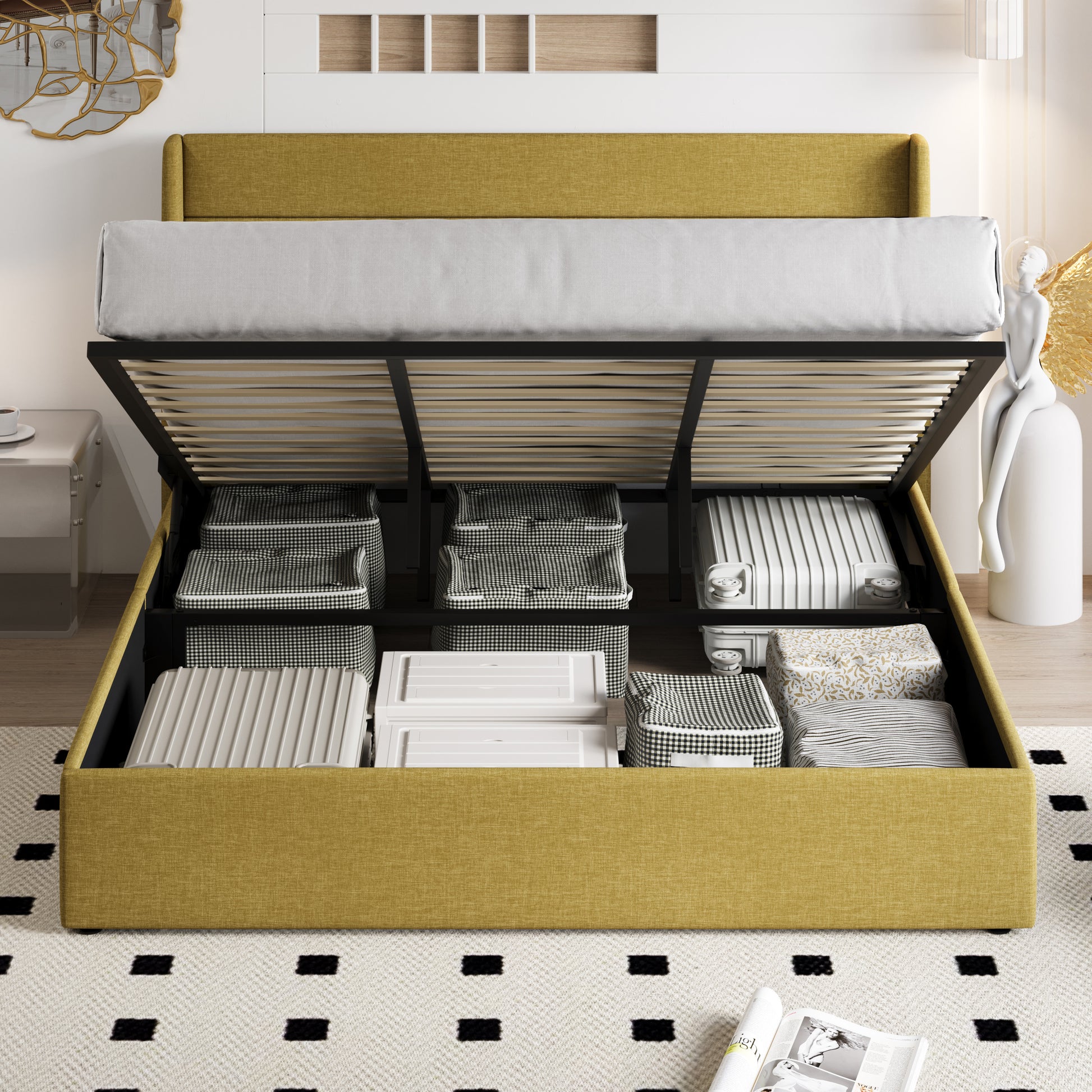 Einfach Lift up Platform Storage Bed Frame with Upholstered Wingback Headboard