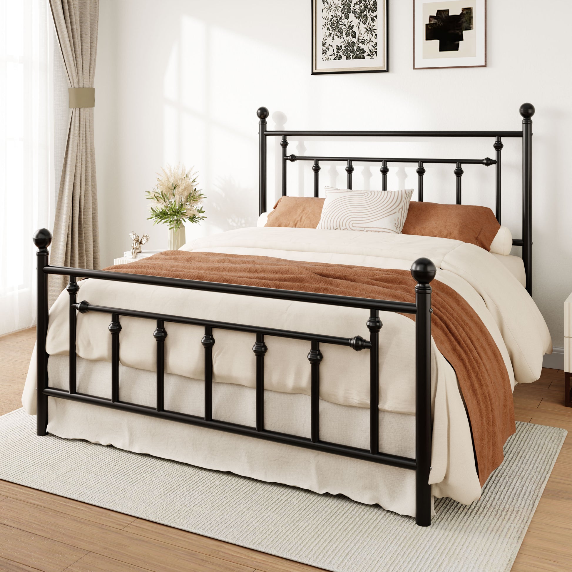 Einfach Metal Platform Bed Frame with Vintage Style Headboard and Footboard