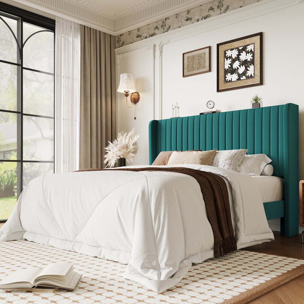 Einfach Upholstered Bed Frame with Wingback Headboard, Vertical Tufted, Velvet Finish