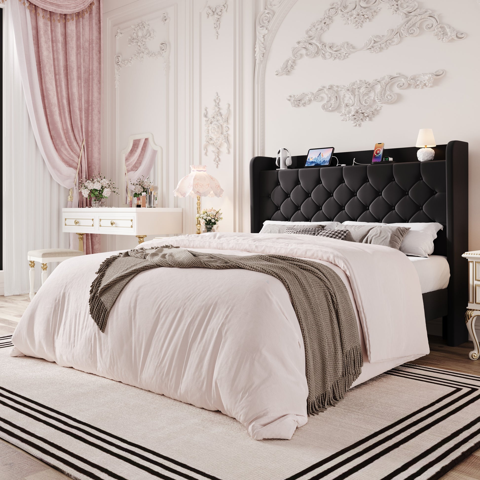 Einfach Bed Frame, Upholstered Platform Bed with Storage Wingback Headboard and Fast Charging Hub, No Box Spring Required