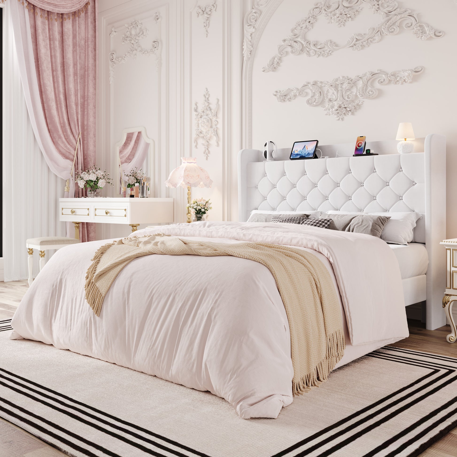 Einfach Bed Frame, Upholstered Platform Bed with Storage Wingback Headboard and Fast Charging Hub, No Box Spring Required
