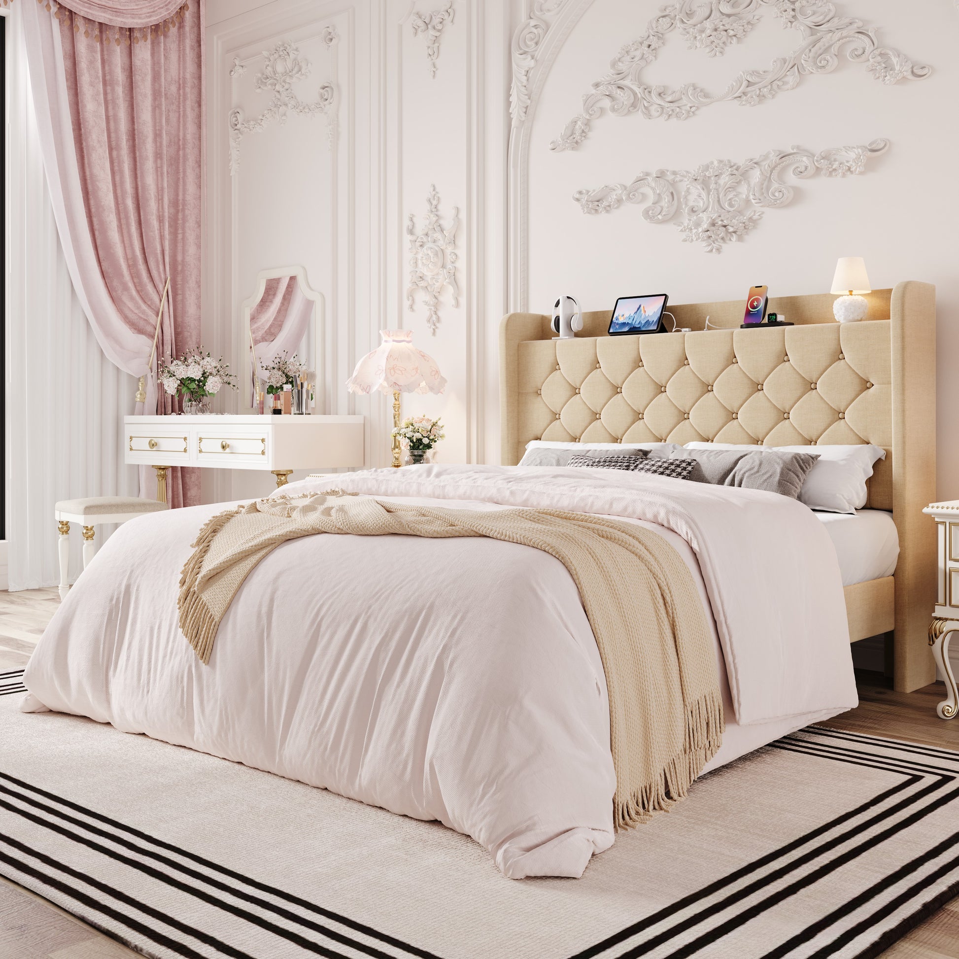 Einfach Bed Frame, Upholstered Platform Bed with Storage Wingback Headboard and Fast Charging Hub, No Box Spring Required