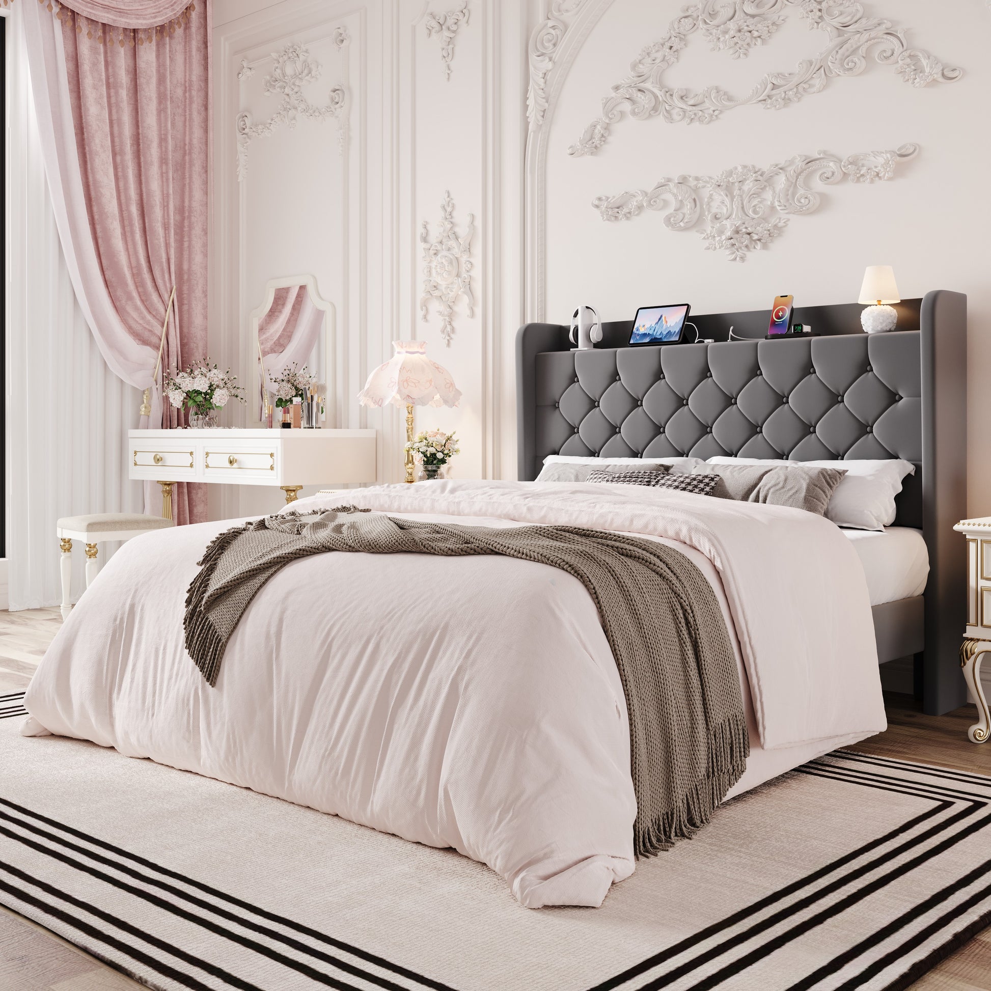 Einfach Bed Frame, Upholstered Platform Bed with Storage Wingback Headboard and Fast Charging Hub, No Box Spring Required