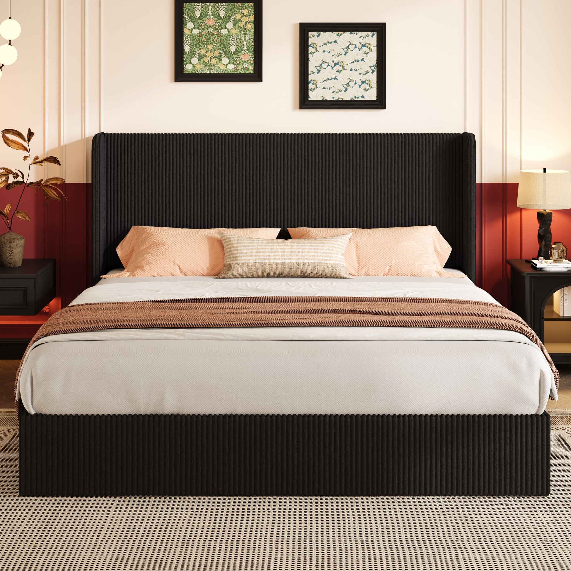 Einfach Hydraulic Lift Up Storage Bed Frame, Corduroy Upholstered Wingback Headboard, Ample Under-bed Storage