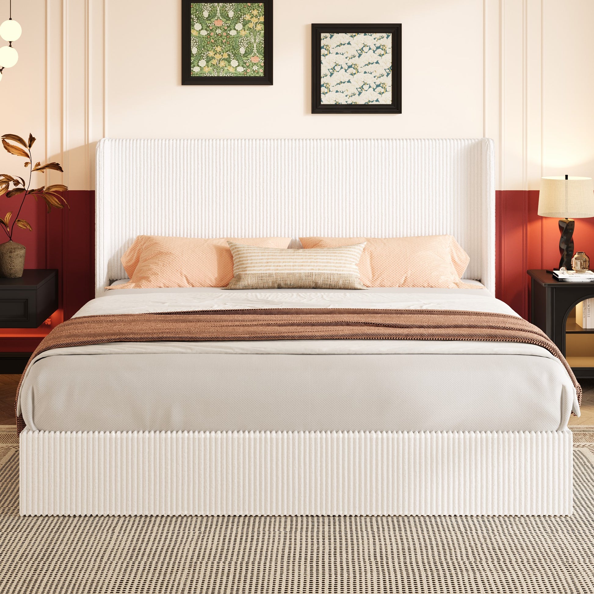 Einfach Hydraulic Lift Up Storage Bed Frame, Corduroy Upholstered Wingback Headboard, Ample Under-bed Storage