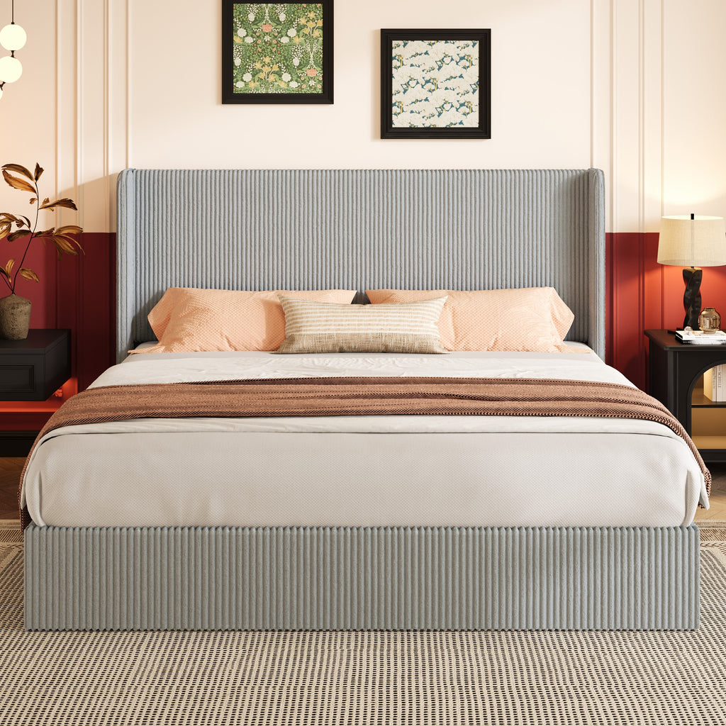 Einfach Hydraulic Lift Up Storage Bed Frame, Corduroy Upholstered Wingback Headboard, Ample Under-bed Storage