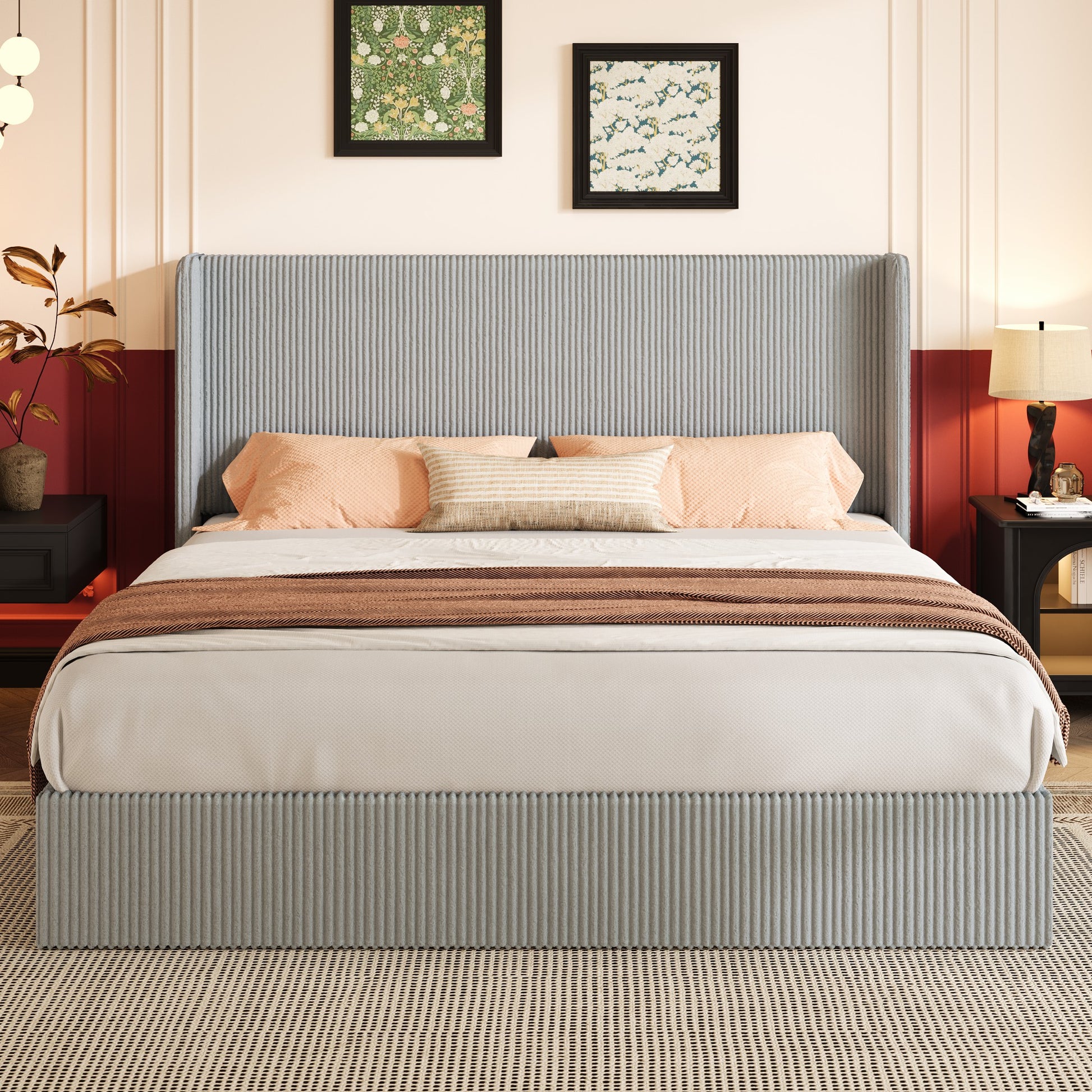 Einfach Hydraulic Lift Up Storage Bed Frame, Corduroy Upholstered Wingback Headboard, Ample Under-bed Storage