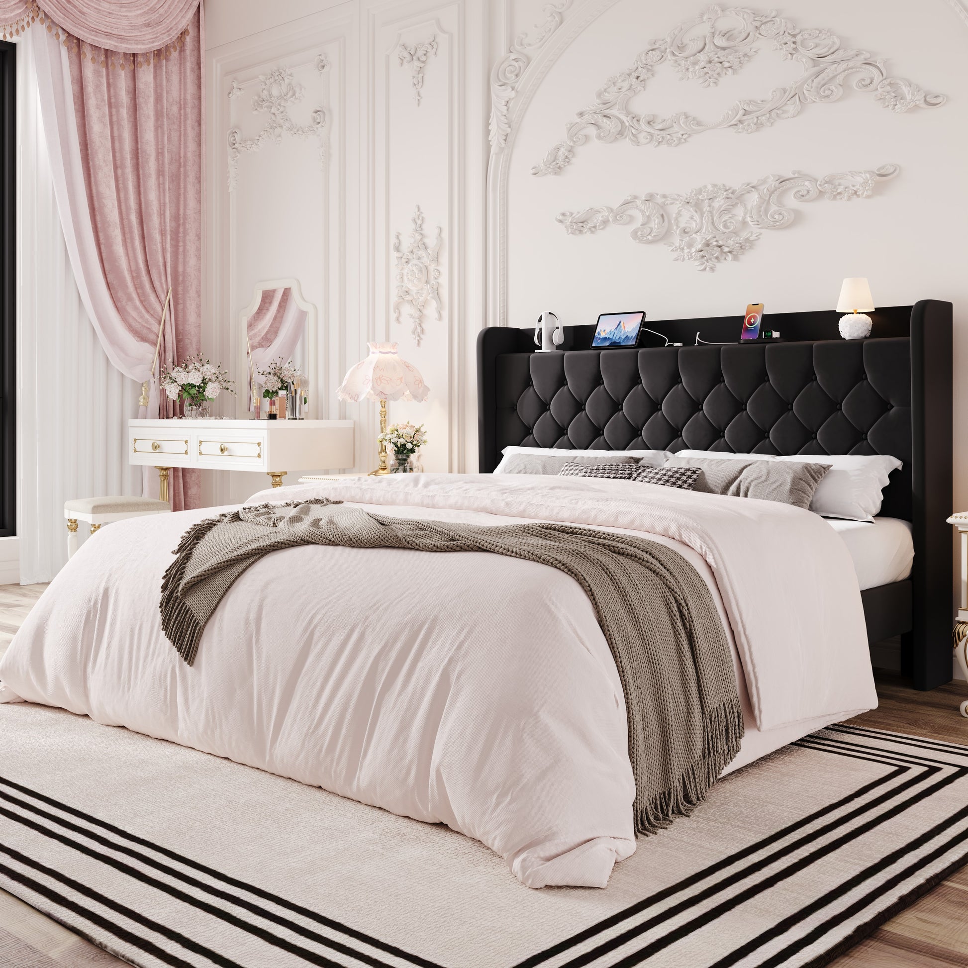 Einfach Bed Frame, Upholstered Platform Bed with Storage Wingback Headboard and Fast Charging Hub, No Box Spring Required
