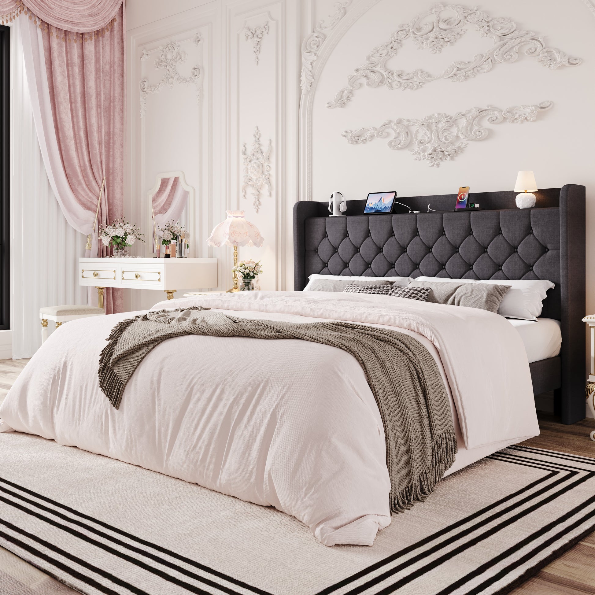 Einfach Bed Frame, Upholstered Platform Bed with Storage Wingback Headboard and Fast Charging Hub, No Box Spring Required