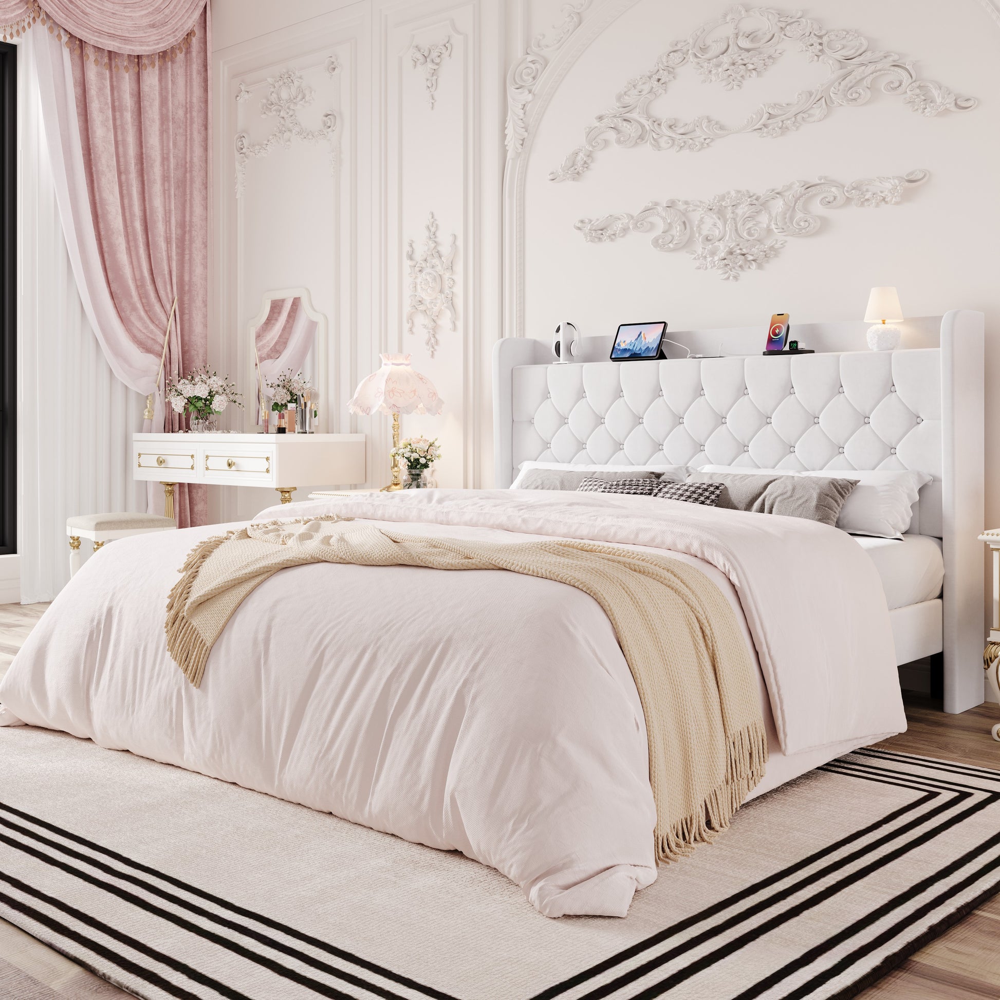 Einfach Bed Frame, Upholstered Platform Bed with Storage Wingback Headboard and Fast Charging Hub, No Box Spring Required