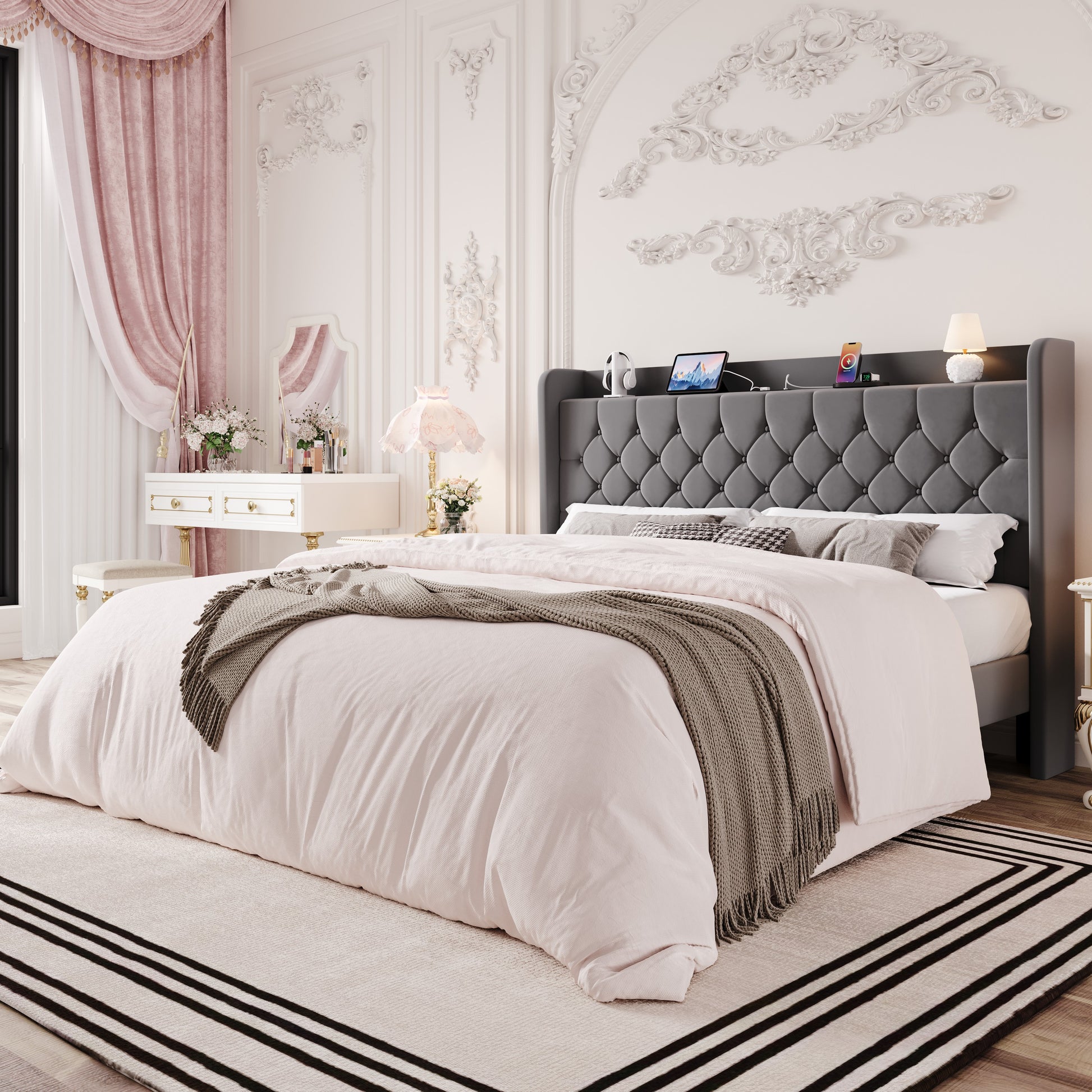 Einfach Bed Frame, Upholstered Platform Bed with Storage Wingback Headboard and Fast Charging Hub, No Box Spring Required