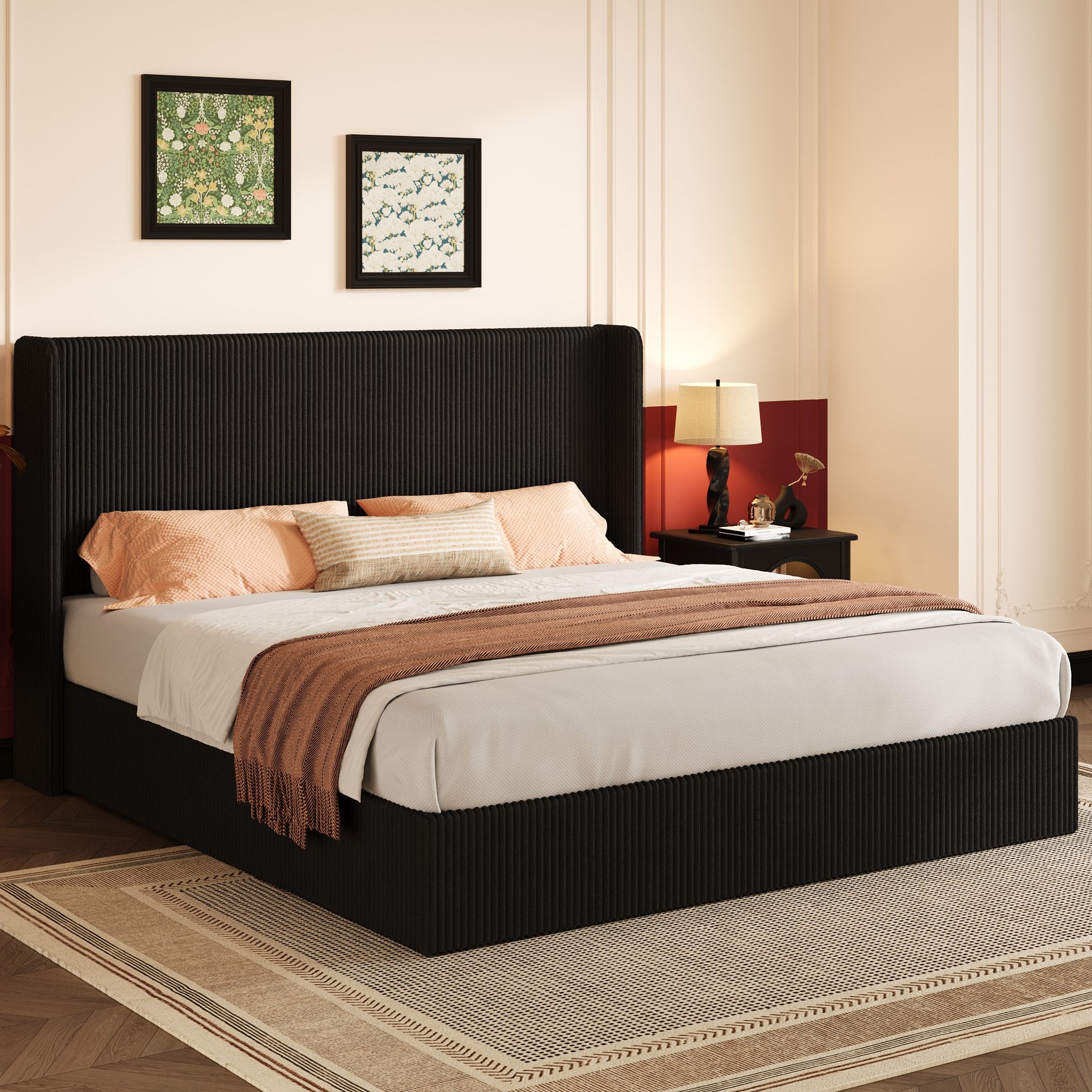 Einfach Hydraulic Lift Up Storage Bed Frame, Corduroy Upholstered Wingback Headboard, Ample Under-bed Storage