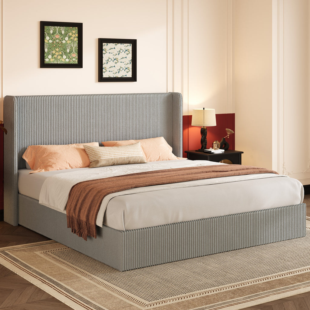 Einfach Hydraulic Lift Up Storage Bed Frame, Corduroy Upholstered Wingback Headboard, Ample Under-bed Storage