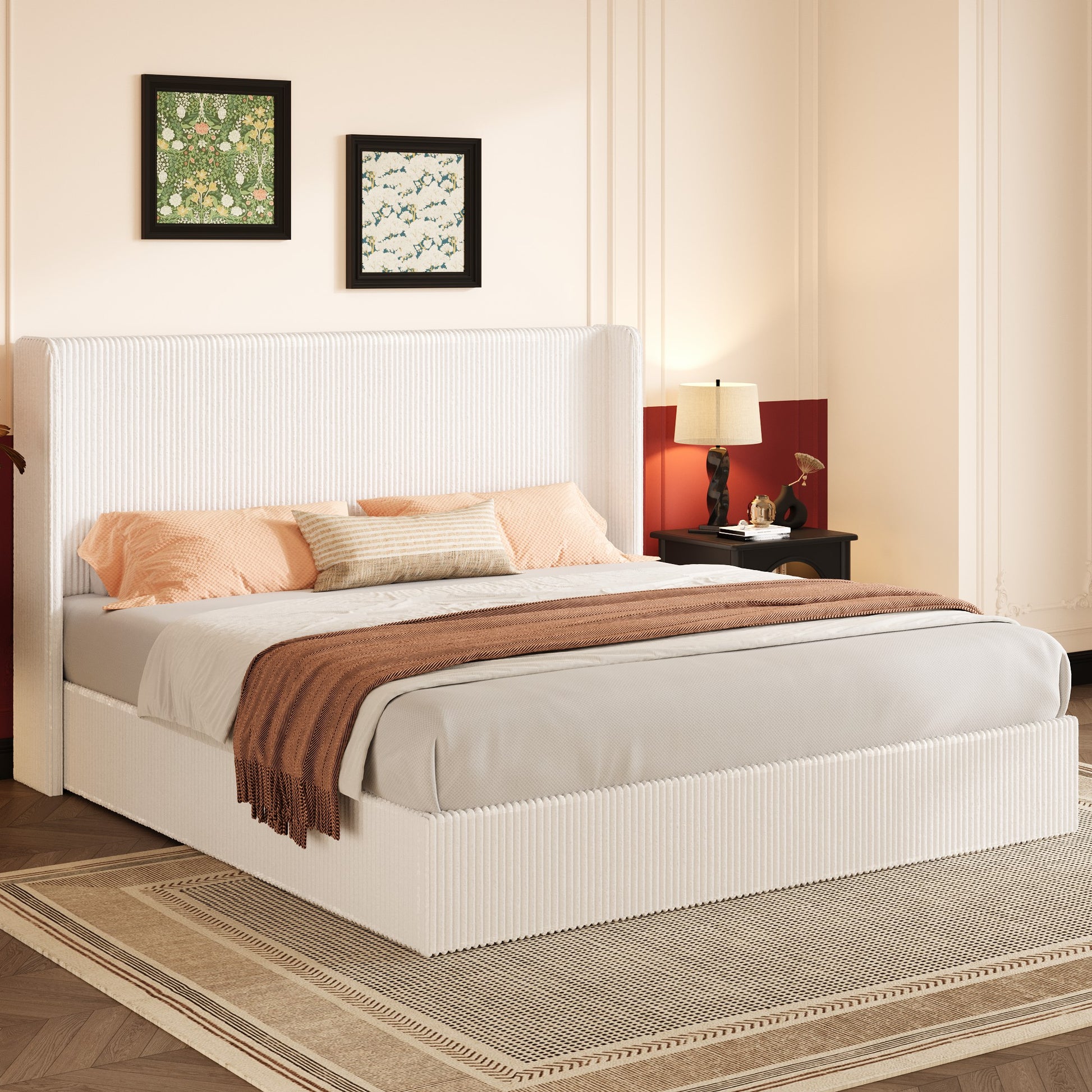 Einfach Hydraulic Lift Up Storage Bed Frame, Corduroy Upholstered Wingback Headboard, Ample Under-bed Storage