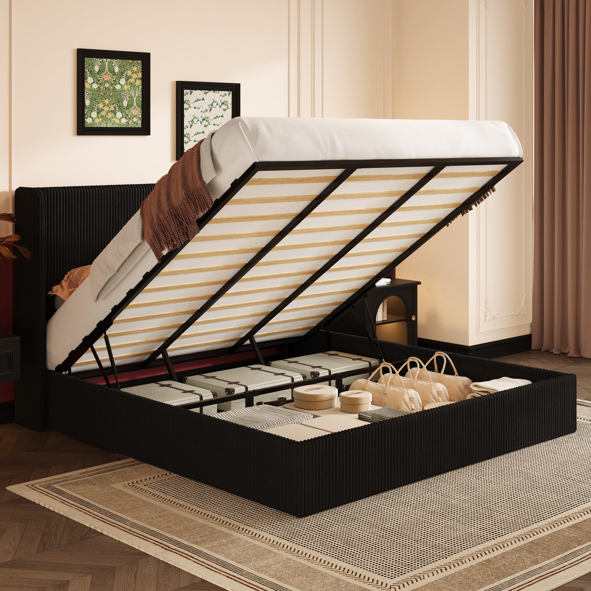 Einfach Hydraulic Lift Up Storage Bed Frame, Corduroy Upholstered Wingback Headboard, Ample Under-bed Storage