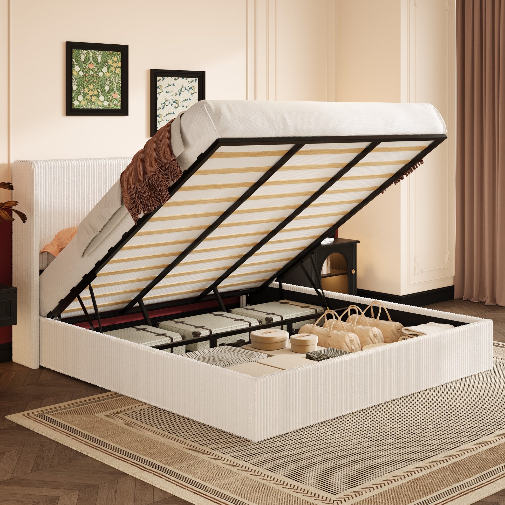 Einfach Hydraulic Lift Up Storage Bed Frame, Corduroy Upholstered Wingback Headboard, Ample Under-bed Storage