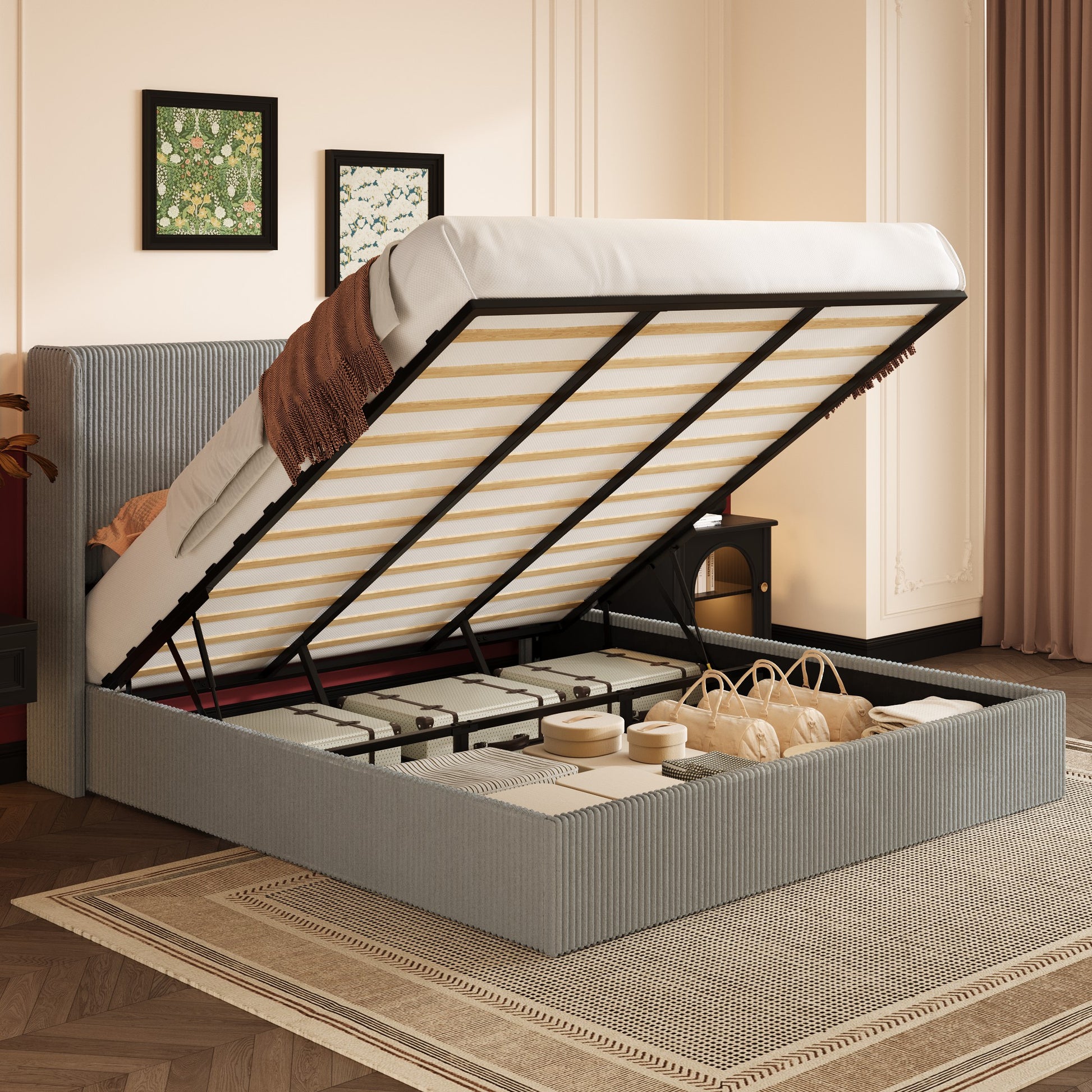 Einfach Hydraulic Lift Up Storage Bed Frame, Corduroy Upholstered Wingback Headboard, Ample Under-bed Storage