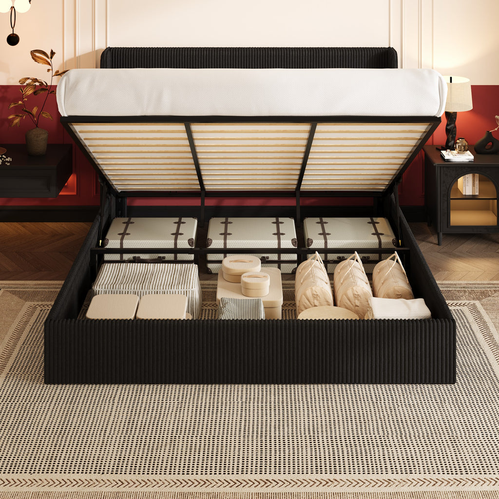 Einfach Hydraulic Lift Up Storage Bed Frame, Corduroy Upholstered Wingback Headboard, Ample Under-bed Storage