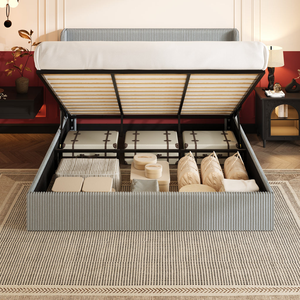 Einfach Hydraulic Lift Up Storage Bed Frame, Corduroy Upholstered Wingback Headboard, Ample Under-bed Storage