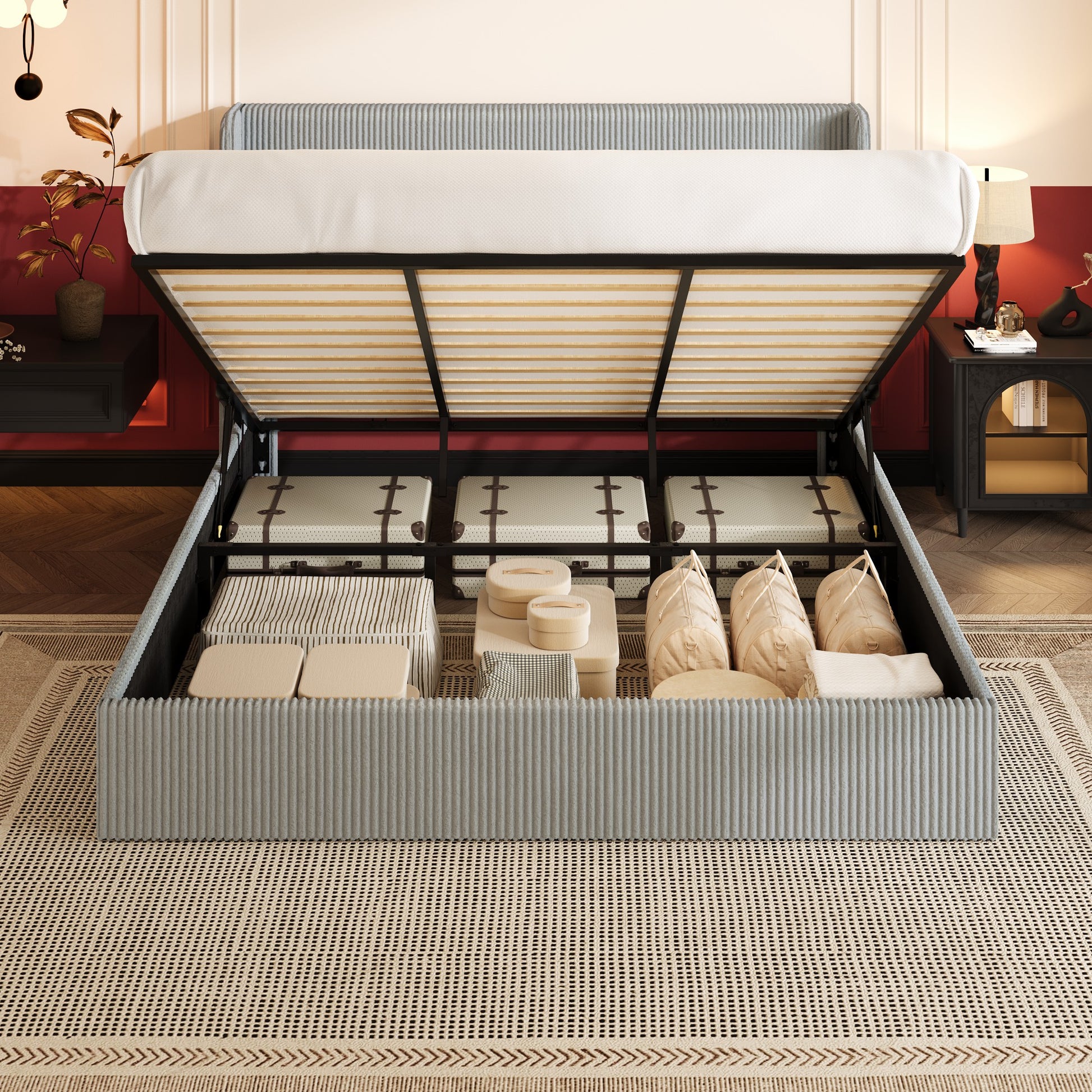 Einfach Hydraulic Lift Up Storage Bed Frame, Corduroy Upholstered Wingback Headboard, Ample Under-bed Storage