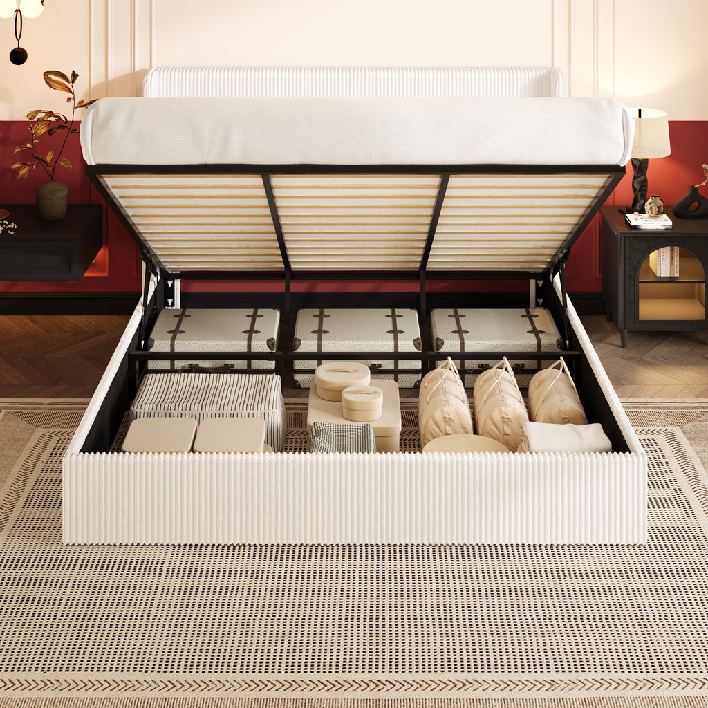 Einfach Hydraulic Lift Up Storage Bed Frame, Corduroy Upholstered Wingback Headboard, Ample Under-bed Storage