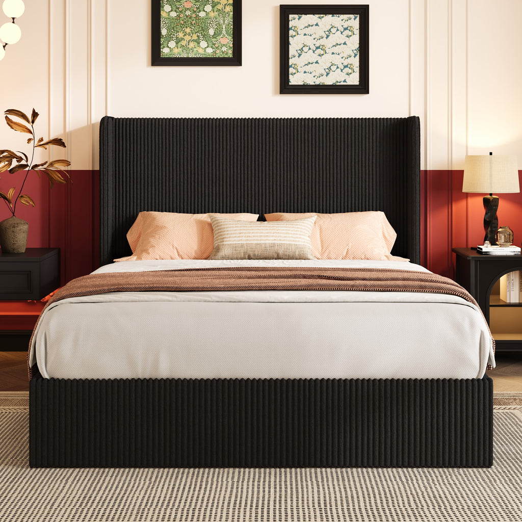 Einfach Hydraulic Lift Up Storage Bed Frame, Corduroy Upholstered Wingback Headboard, Ample Under-bed Storage