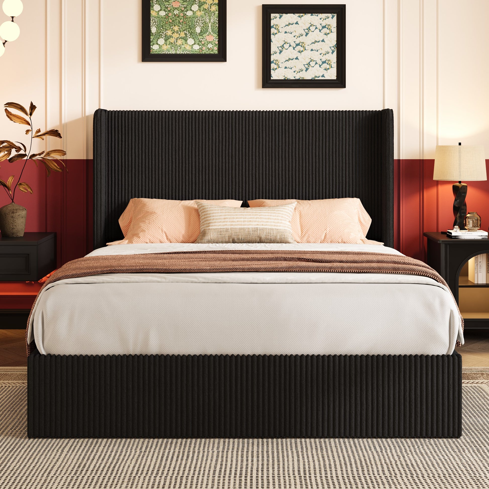 Einfach Hydraulic Lift Up Storage Bed Frame, Corduroy Upholstered Wingback Headboard, Ample Under-bed Storage