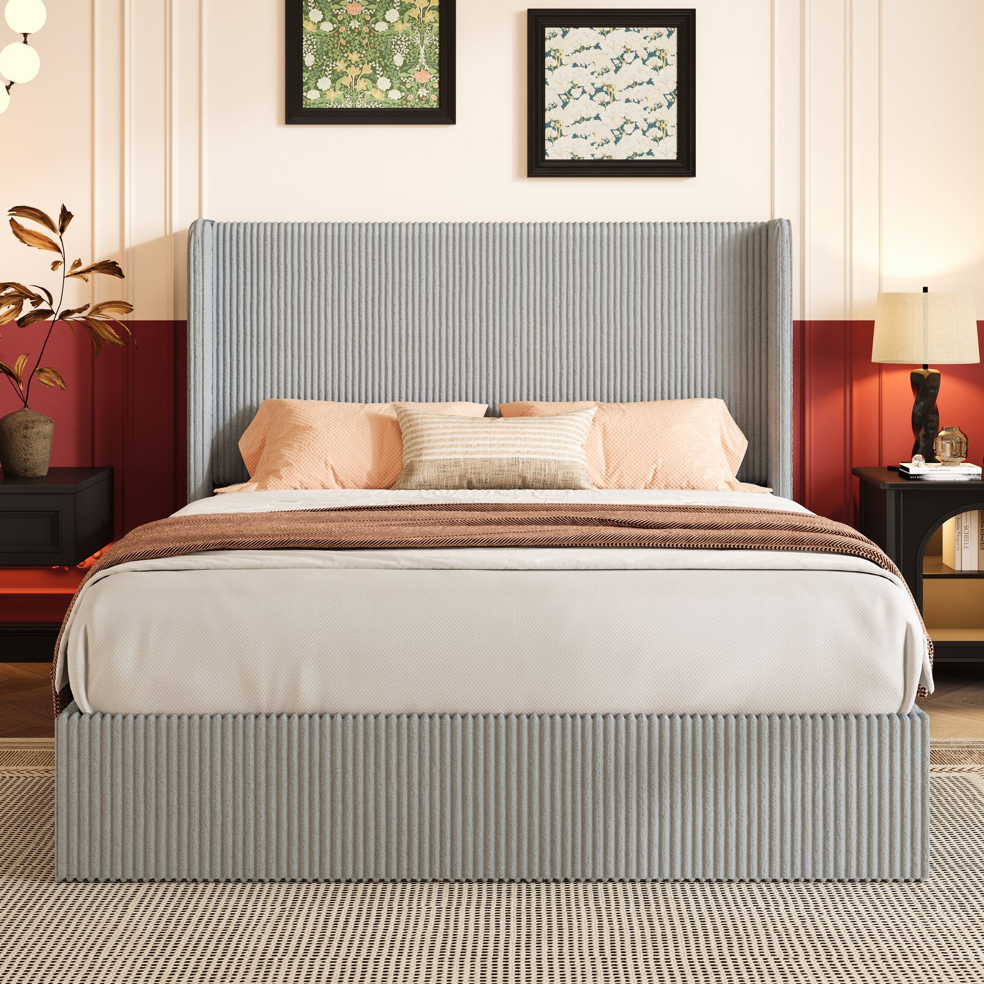 Einfach Hydraulic Lift Up Storage Bed Frame, Corduroy Upholstered Wingback Headboard, Ample Under-bed Storage