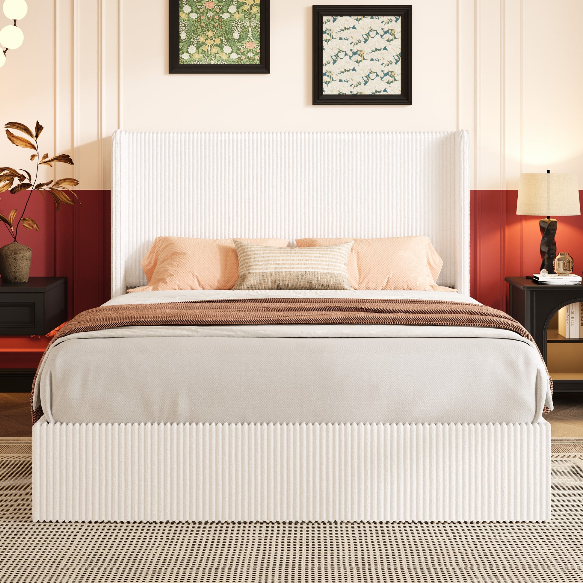 Einfach Hydraulic Lift Up Storage Bed Frame, Corduroy Upholstered Wingback Headboard, Ample Under-bed Storage