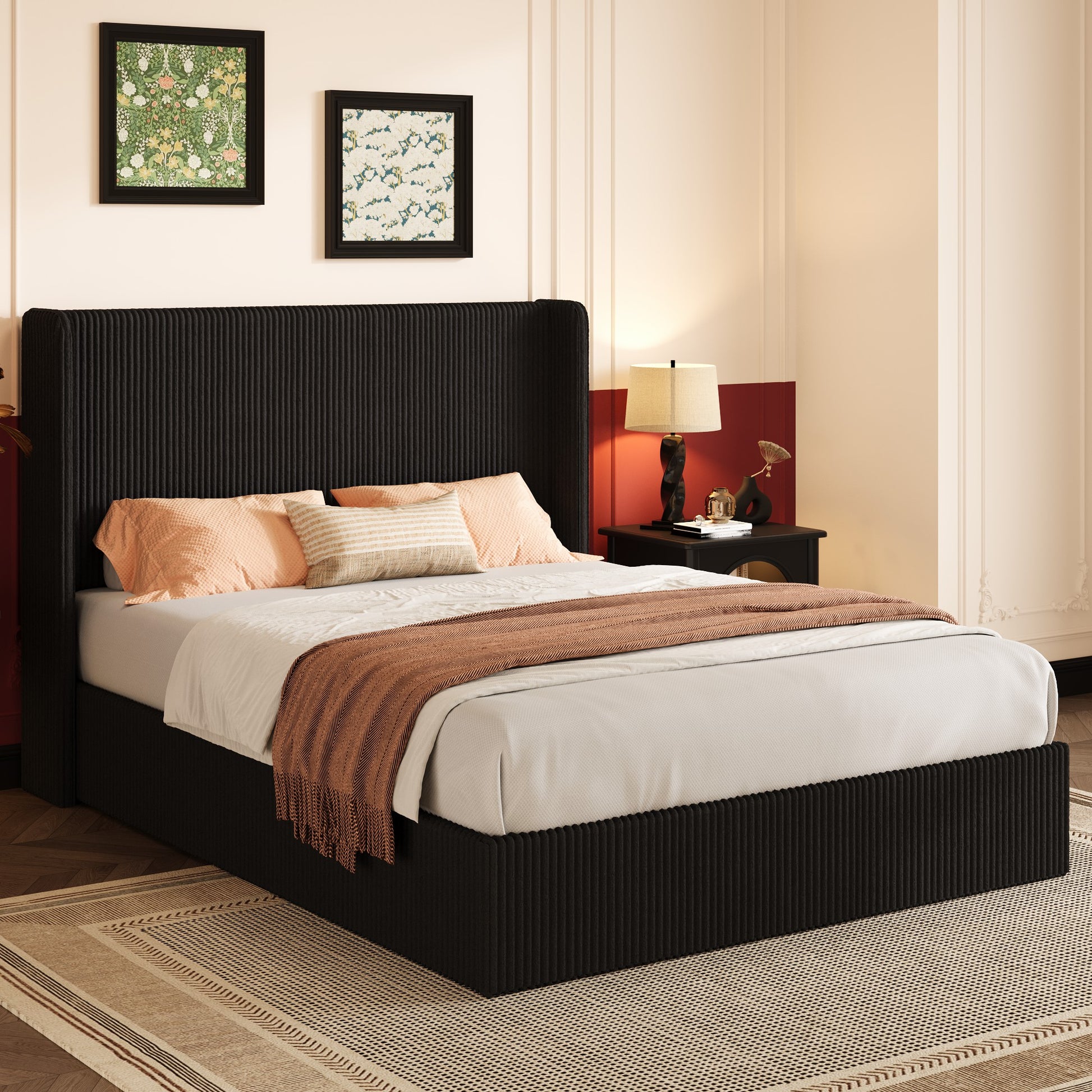 Einfach Hydraulic Lift Up Storage Bed Frame, Corduroy Upholstered Wingback Headboard, Ample Under-bed Storage