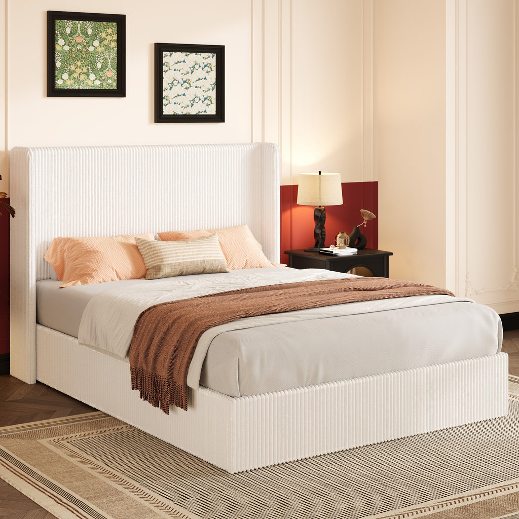 Einfach Hydraulic Lift Up Storage Bed Frame, Corduroy Upholstered Wingback Headboard, Ample Under-bed Storage